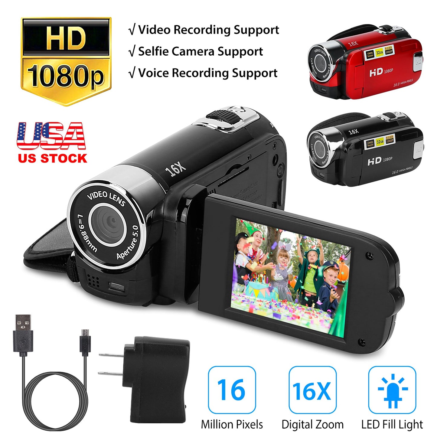 HD 1080P Digital Video Camcorder 2.7in 16X Zoom DV Camera 270¡ Rotation Rechargeable Kid Camera w/Fill Light Selfie