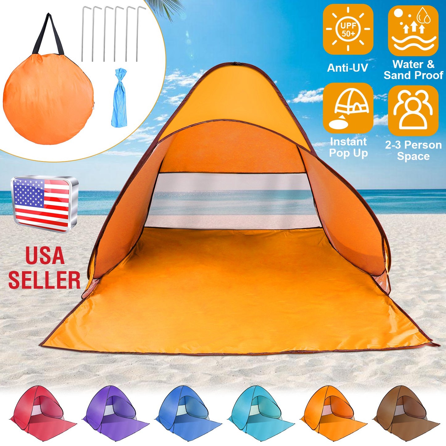 Pop Up Beach Tent Sun Shade Shelter Anti-UV Automatic Waterproof Tent Canopy for 2/3 Man w/ Net Window Storage Bag for Outdoor Beach Camping Fishing P