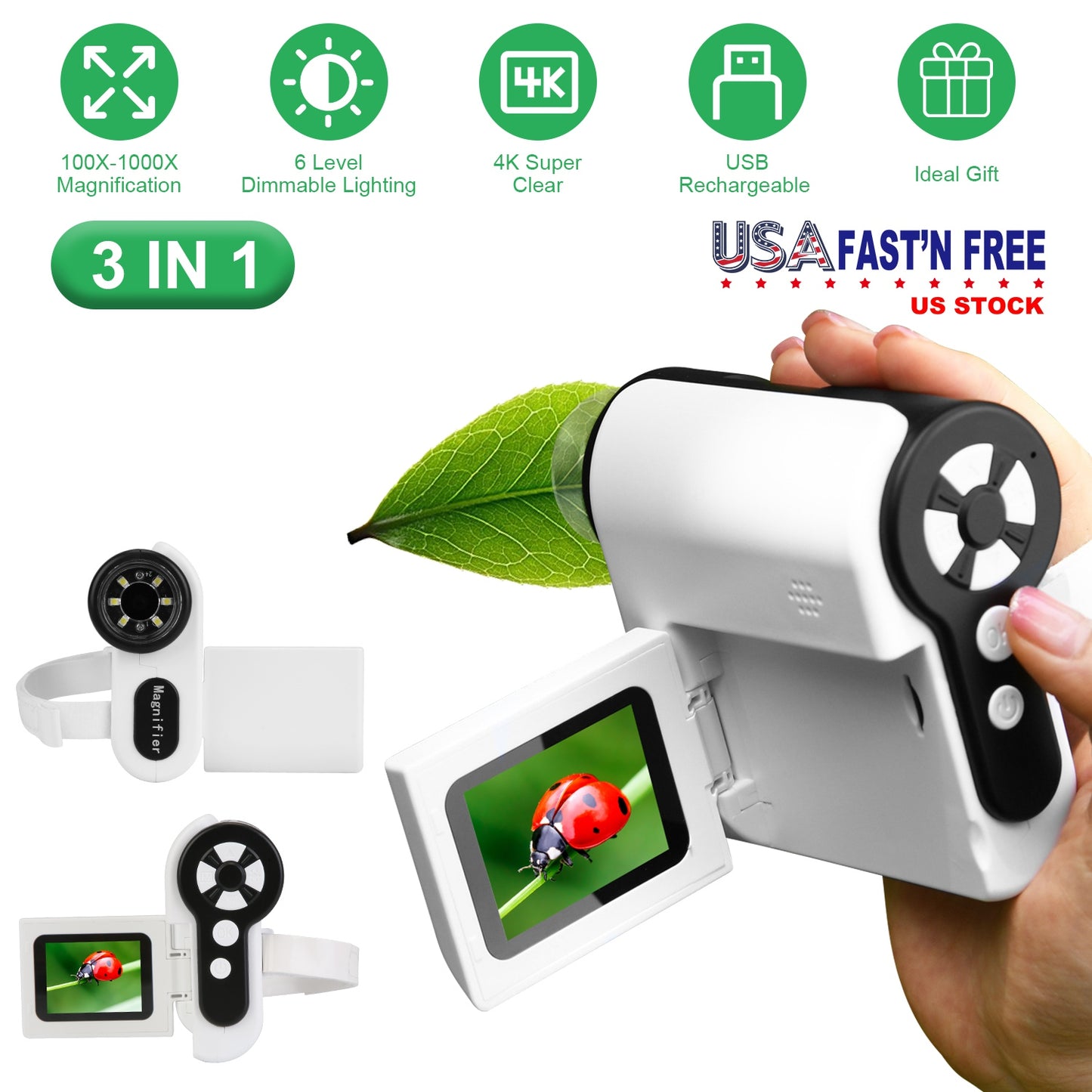 3 In 1 1000X KidsÕ Microscope Telescope Camera Handheld USB Mini Microscope with LED Light 6 Sample Slides 32G MMC Card for Boys Girls Aged 6+ Years O