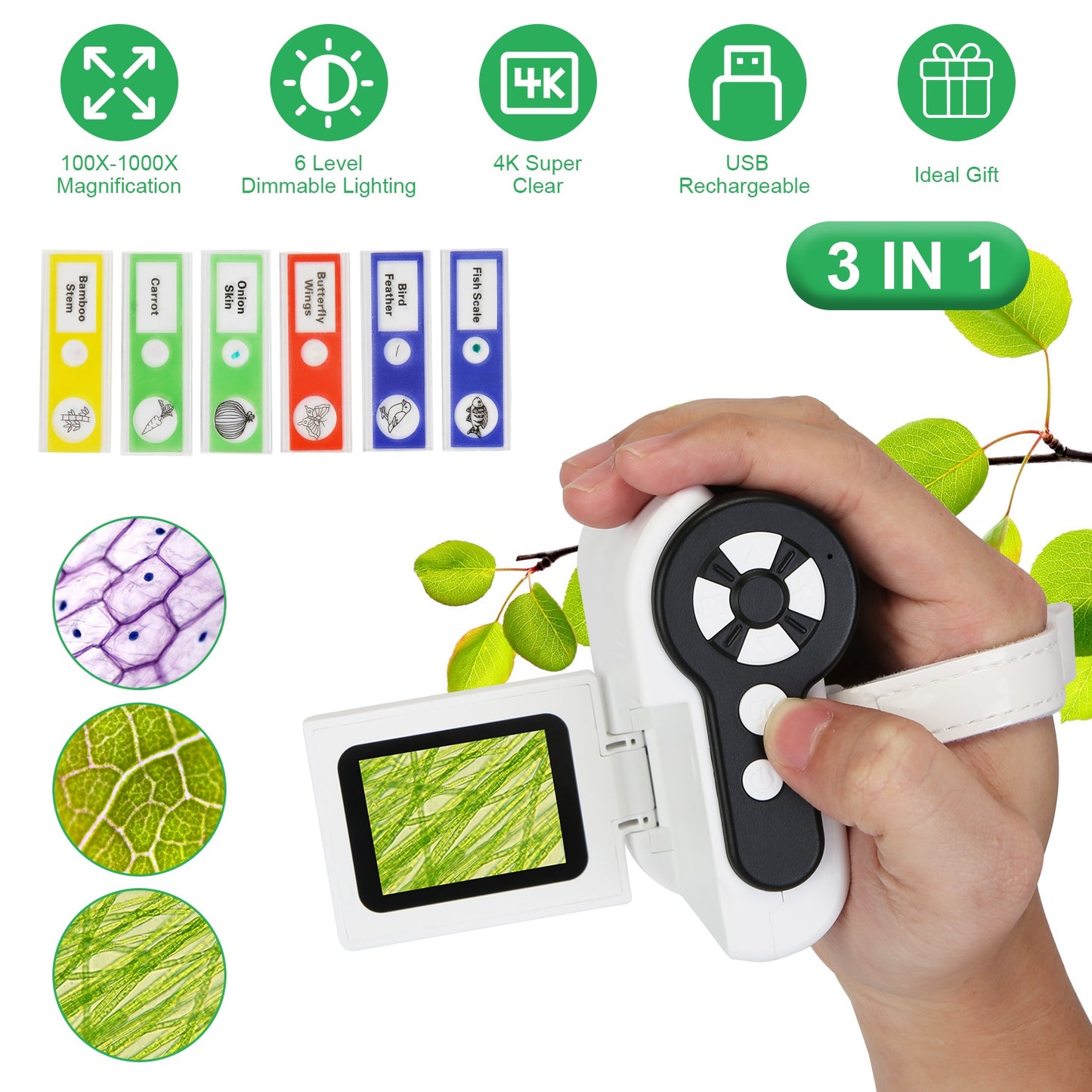3 In 1 1000X KidsÕ Microscope Telescope Camera Handheld USB Mini Microscope with LED Light 6 Sample Slides 32G MMC Card for Boys Girls Aged 6+ Years O