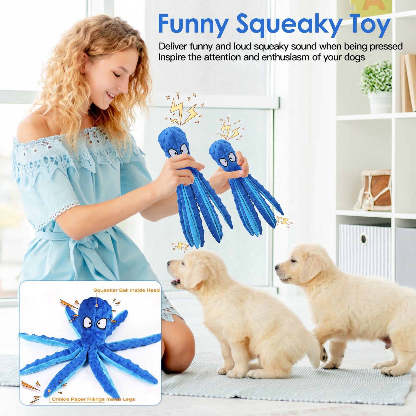 2Pcs Squeaky Dog Toys No Stuffing Crinkle Plush Octopus Dog Teething Toy Interactive Dog Toy Dog Training Toy For Puppy Small Medium Large Dog