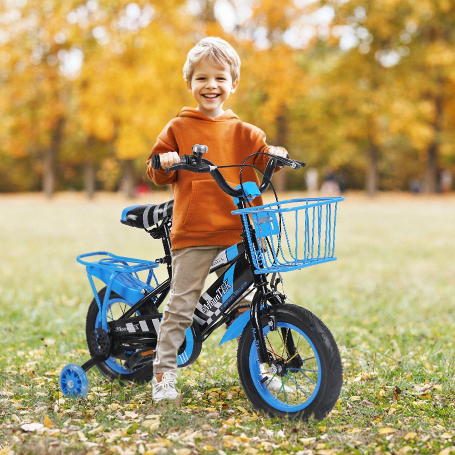 12In Kids\' Bike with Training Wheels Children Bicycle with Helmet Basket Rear Seat Chain Guard for Boys Aged 2-4