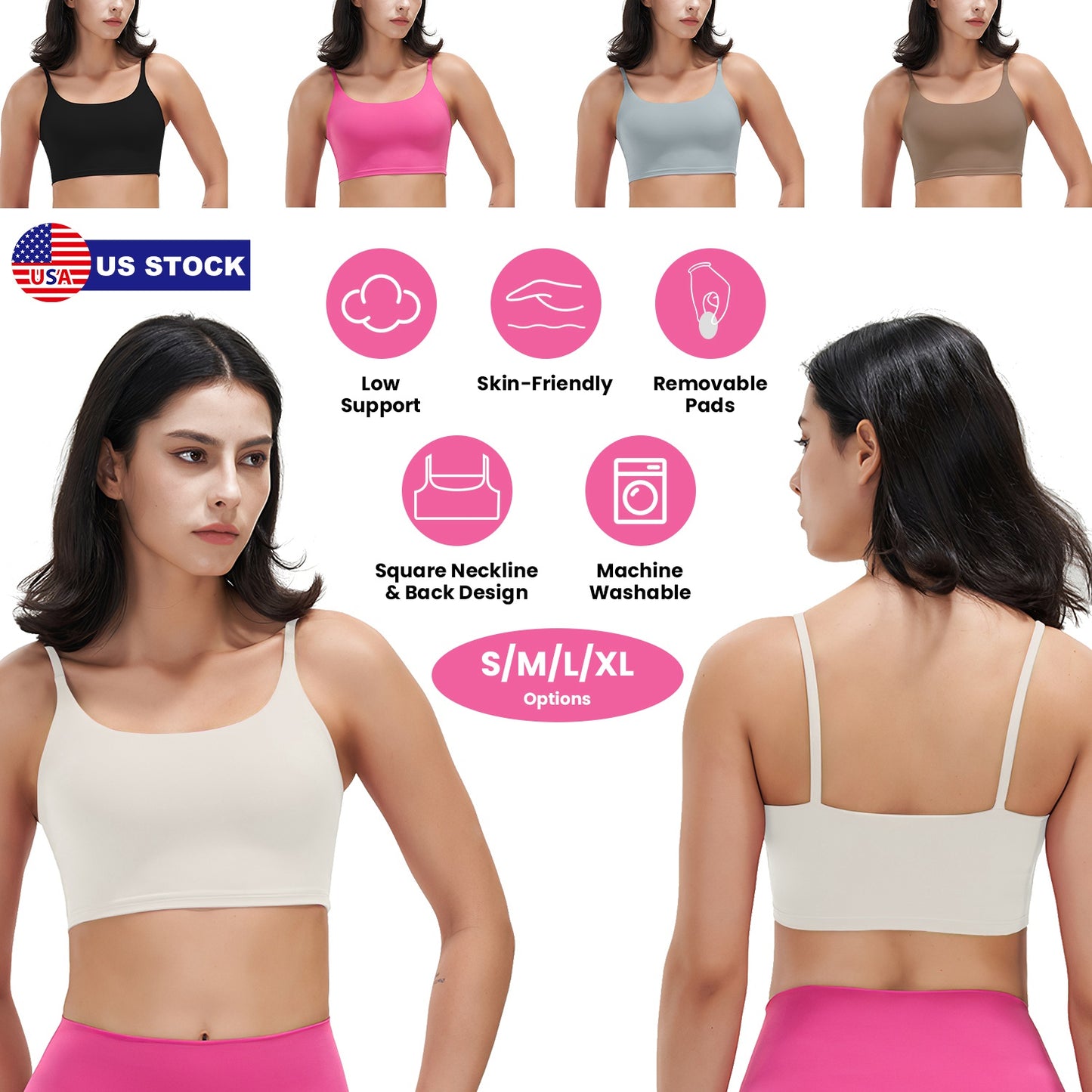 Women Strap Sport Bras Padded StrappyÊCrop Square Neck Low Impact Bras SexyÊFitnessÊTank Tops with Removable Pads Flat Straps for Gym Yoga Workout Run