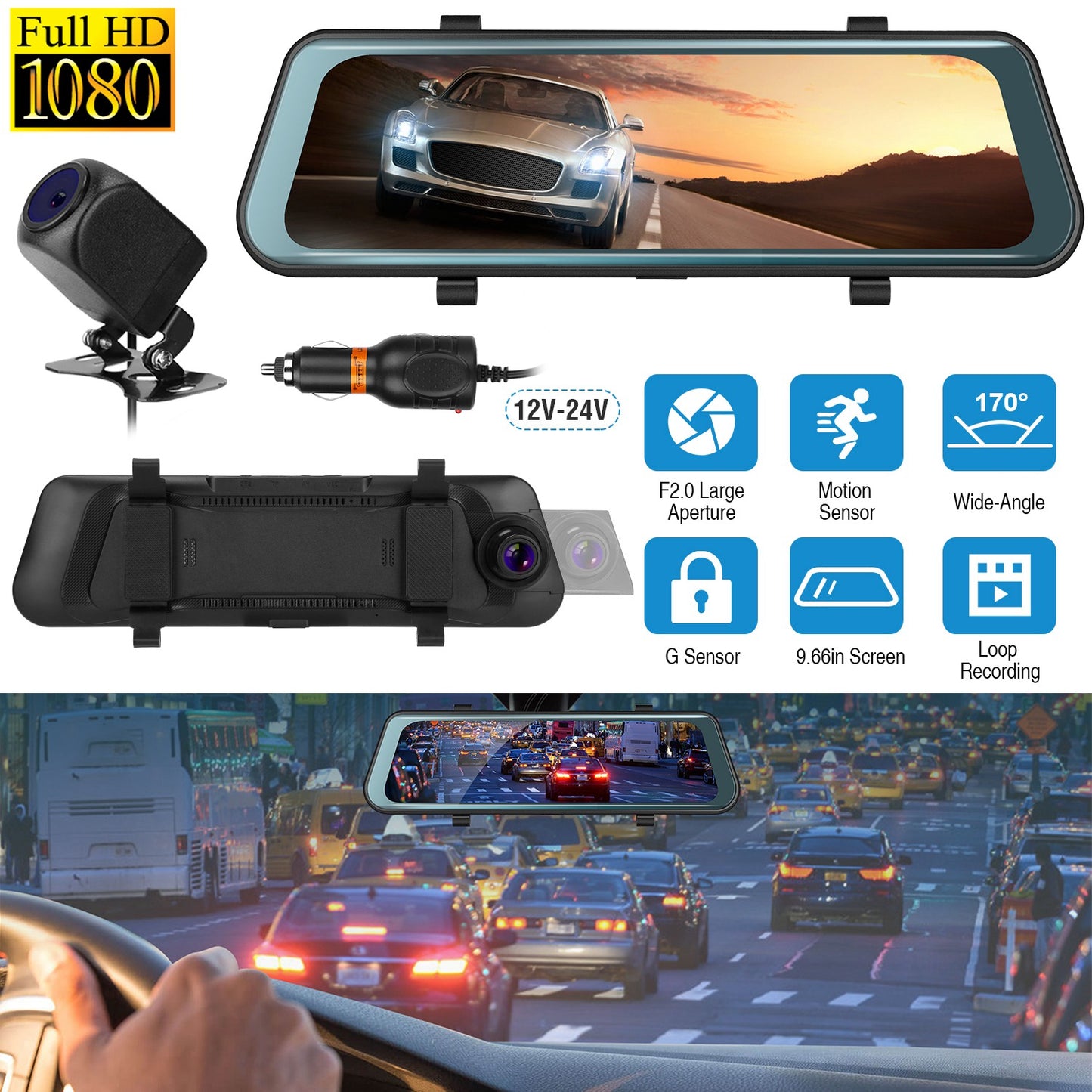 FHD 1080P Car DVR Dash Camera 9.66In Vehicle Driving Recorder w/ G Sensor Parking Monitoring Seamless Recording
