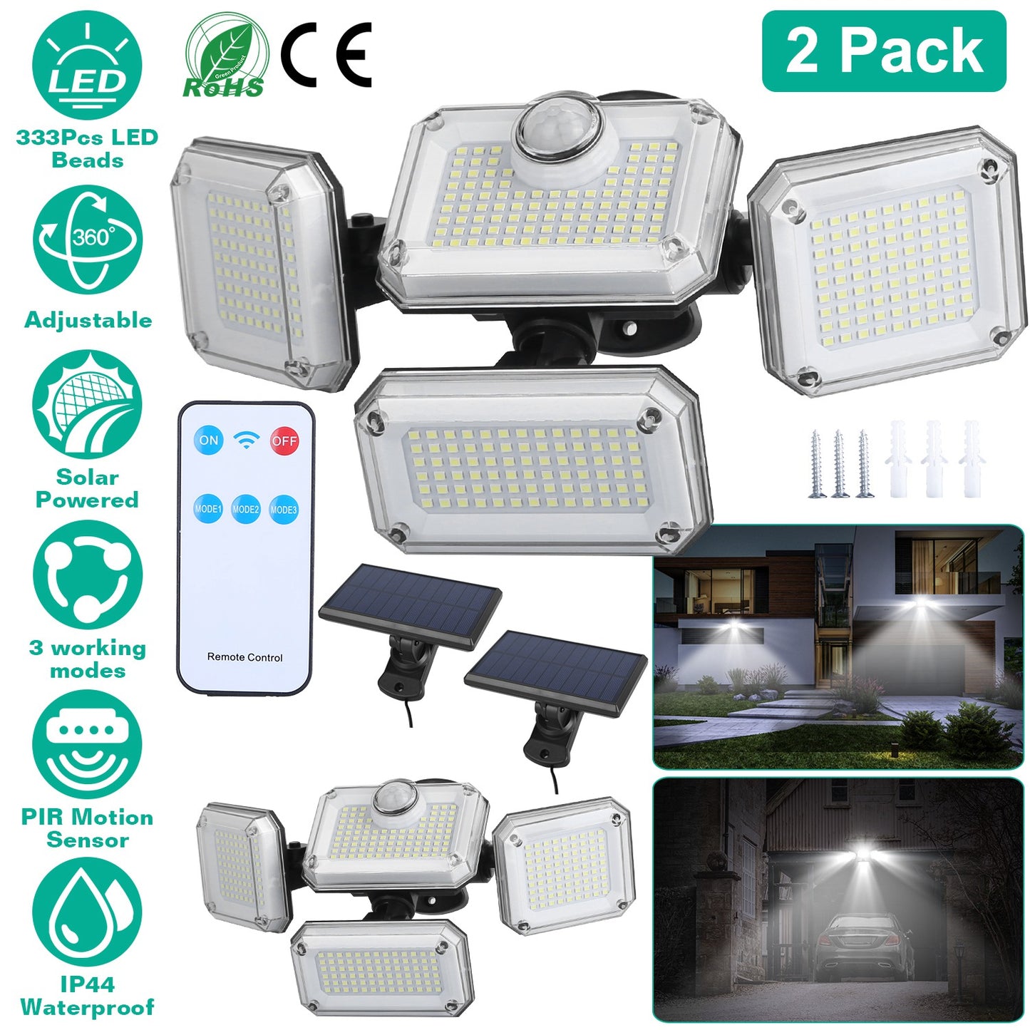 2 Pack Solar Powered Wall Lights IP44 Waterproof Motion Sensor Lamps with Separate Solar Panel 4 Adjustable Heads 333Pcs Beads 120¡ Sensing Angle Remo