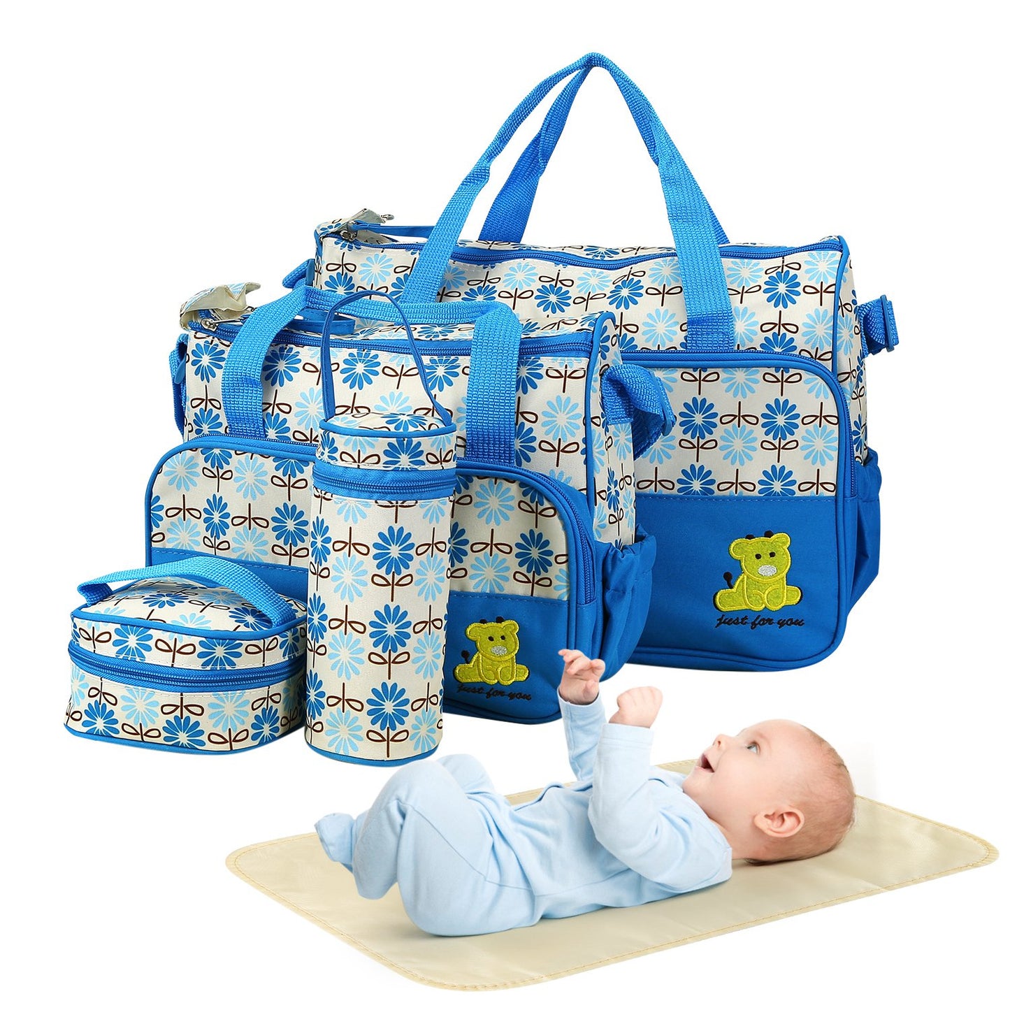 5PCS Baby Nappy Diaper Bags Set Mummy Diaper Shoulder Bags w/ Nappy Changing Pad Insulated Pockets Travel Tote Bags For Mom Dad