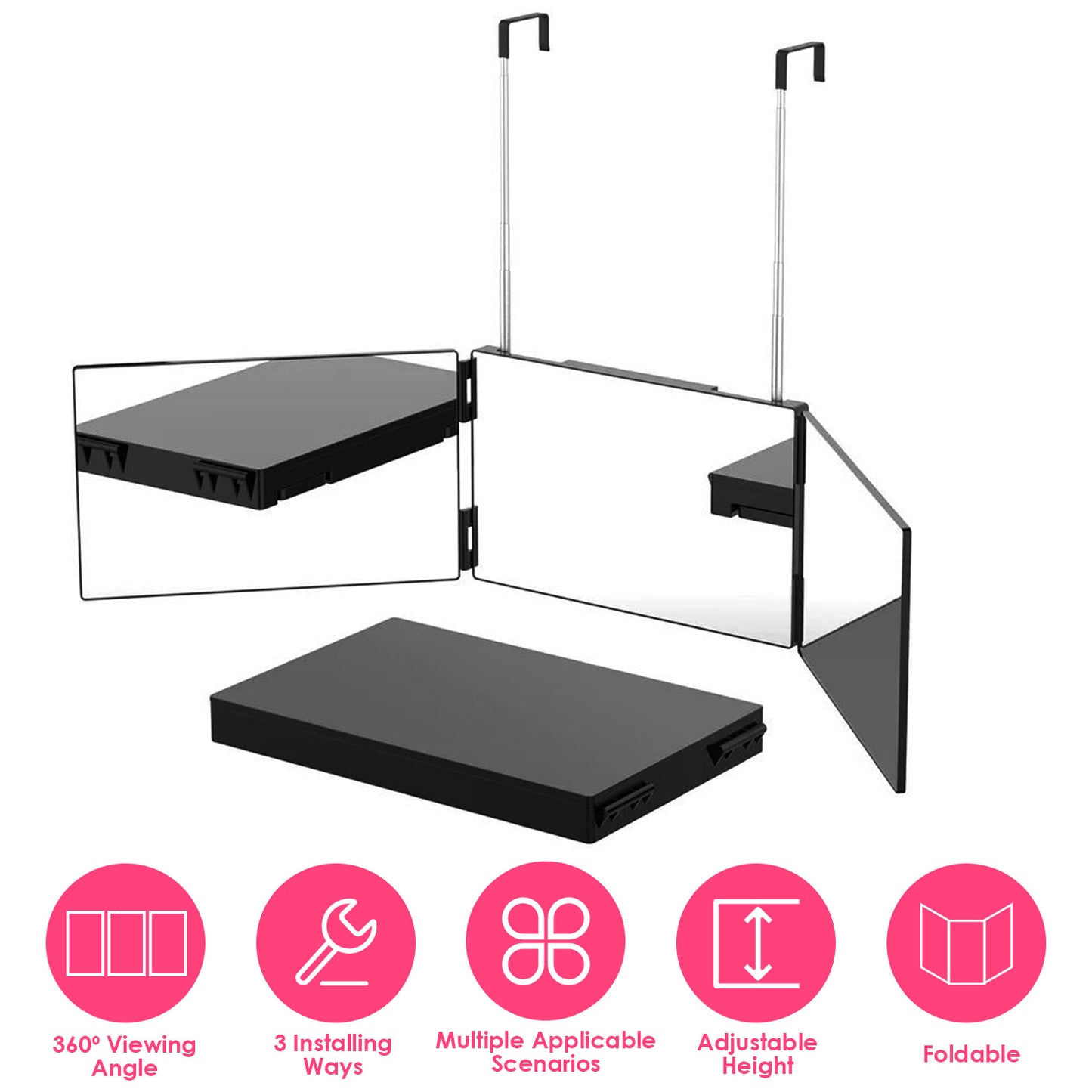 3 Way Mirror with Telescopic Hanger Tri-fold Mirror Personal Makeup Mirror for Self Shaving Hair Cutting Dyeing Curling Braiding