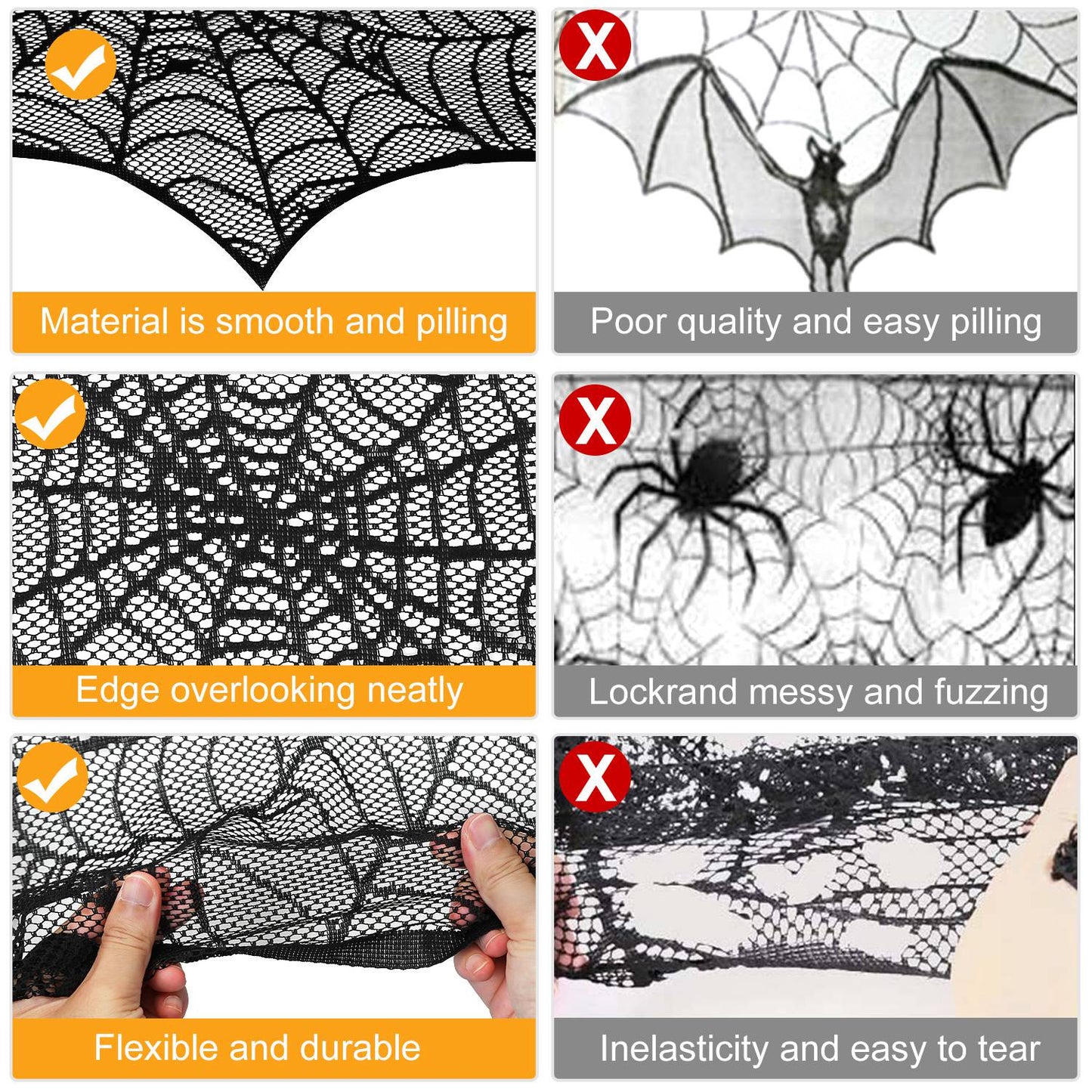 Spiderweb Mantle Scarf – 96x18" Black Lace Fireplace Cover for Halloween Decor