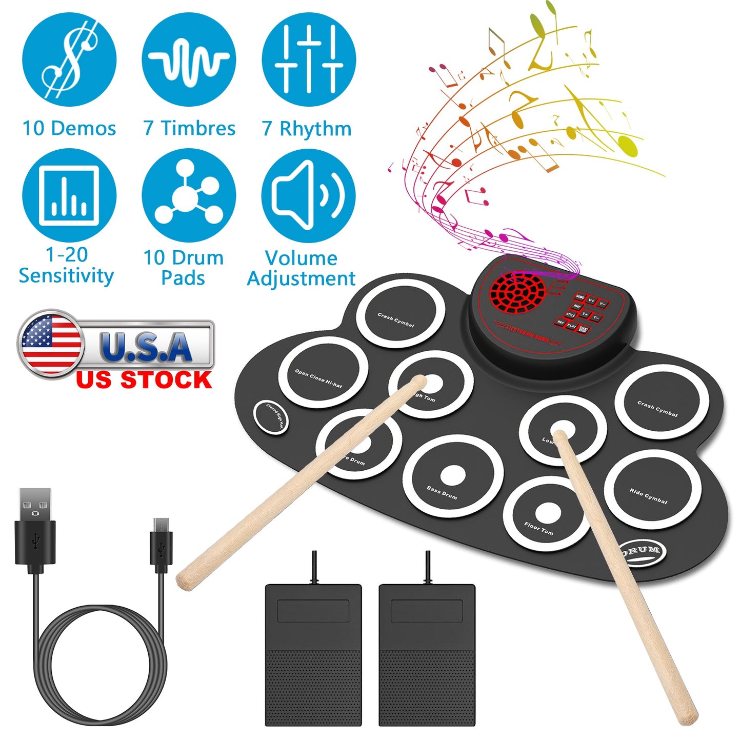 10 Pads Electric Drum Set Foldable 10-Drum SiliconÊDrum Kit Foldable Electronic Drum Pad Machine with Drum Sticks Headphone Jack Speaker Battery Dual-