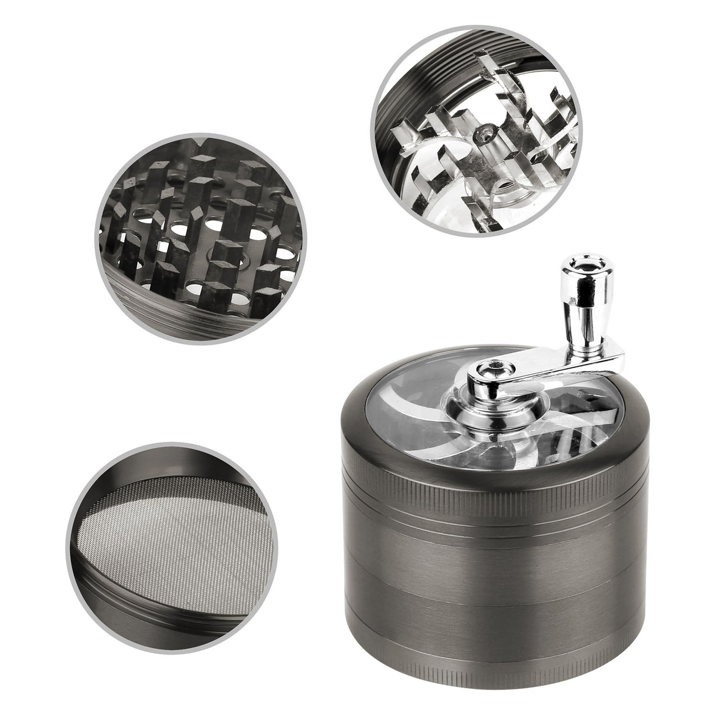 Herb Spice Tobacco Grinder 2.5-inch 4-Piece Zinc Alloy Hand Crank Crusher Kitchen Mill with Pollen Scraper