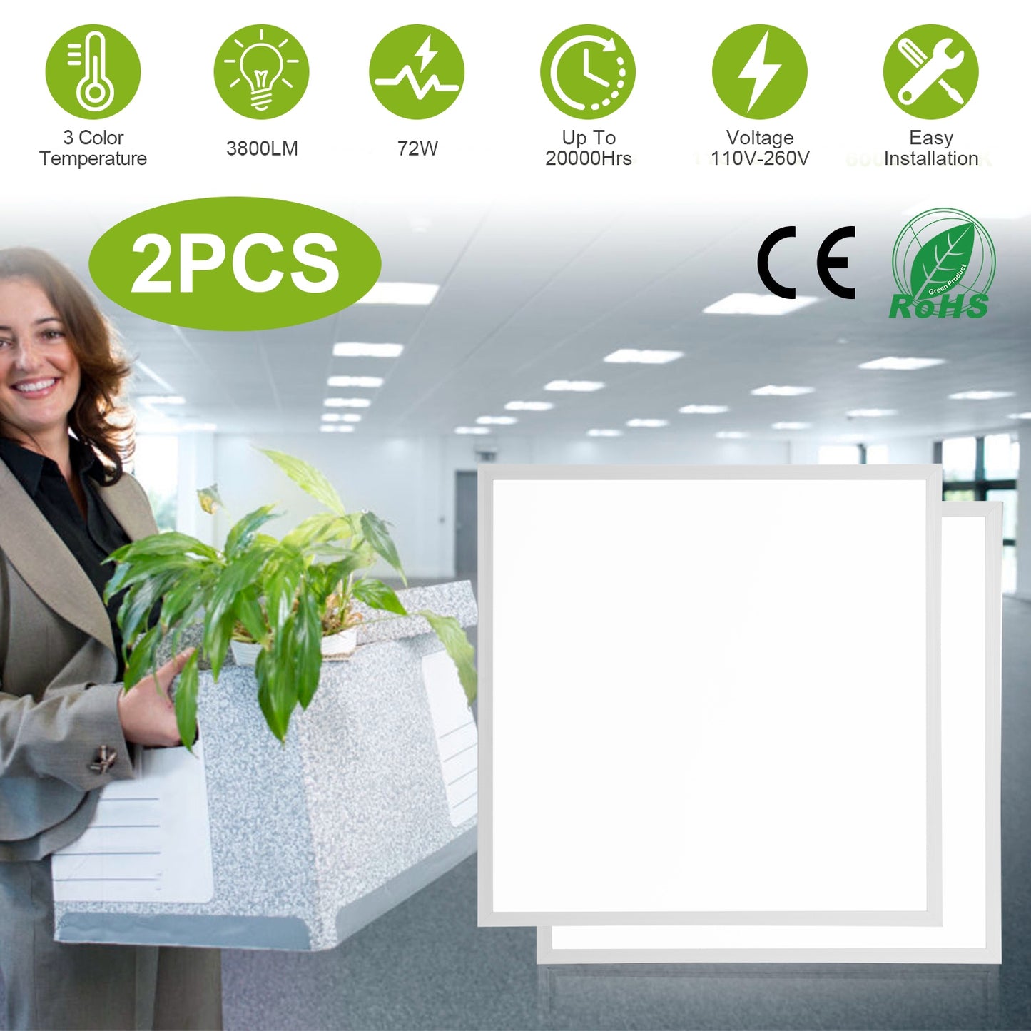 2Pcs 72W 2 2FT LED Panel Light 3800LM Flat Ceiling Light with 3 Lighting Color Temperature Equivalent LED Troffer Recessed Edge-Lit Switchable CCT 110