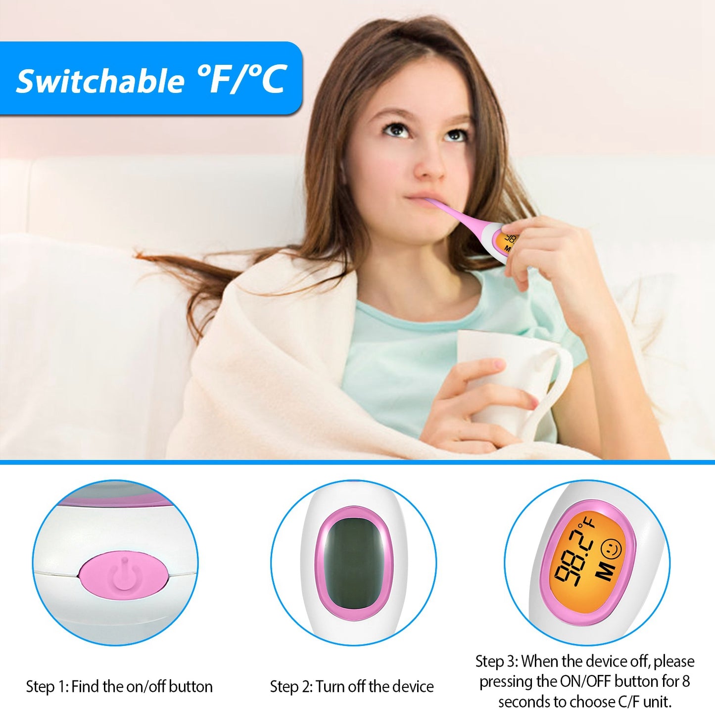 Oral Thermometer Body Thermometer Oral Rectal Underarm Temperature Thermometer C/F Switchable Accurate Fast Temperature Reading Fever Thermometer for