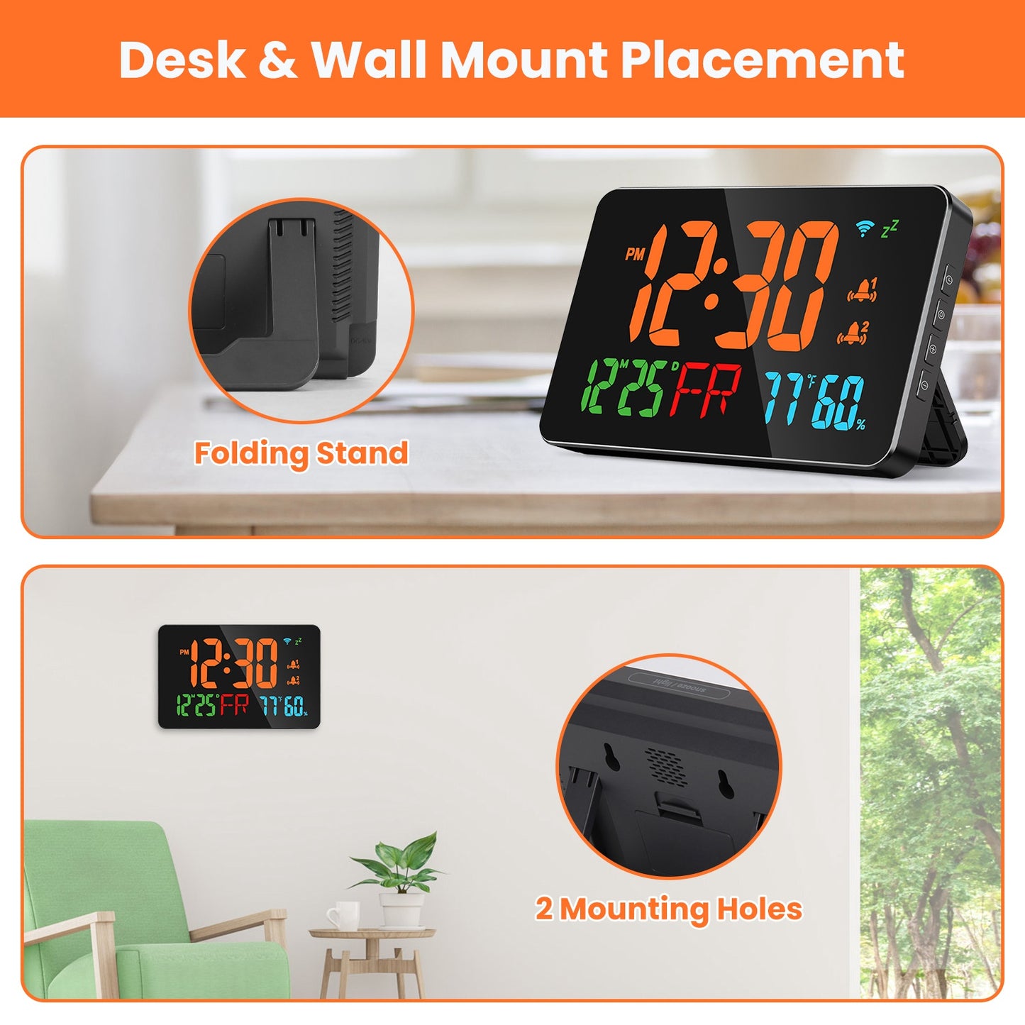 WiFi Auto Set Alarm Clock LED Digital Clock With 2 Alarm Setting Snooze 4 Brightness Levels Auto Light Sensing Temperature Humidify Monitor App Contro