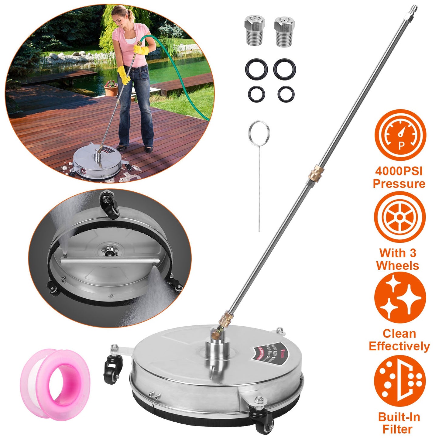 15in High Pressure Washer Flat Surface Cleaner 4000PSI Stainless Steel Disc Power Washer Broom with 3 Wheels 2 Washer Extension Wands 2 Replacement No