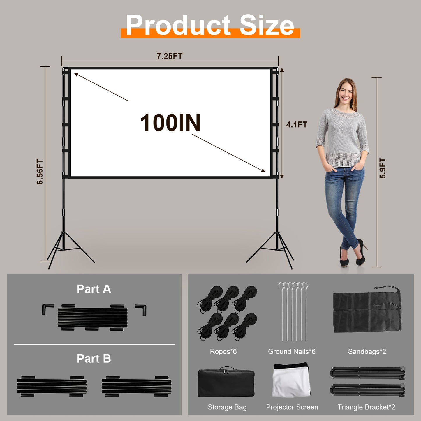 100inch Projector Screen with Stand 16:9 4K HD Rear Front Wrinkle-Free Portable And Foldable Movie Screen with Carry Bag For Indoor Outdoor Home Theat