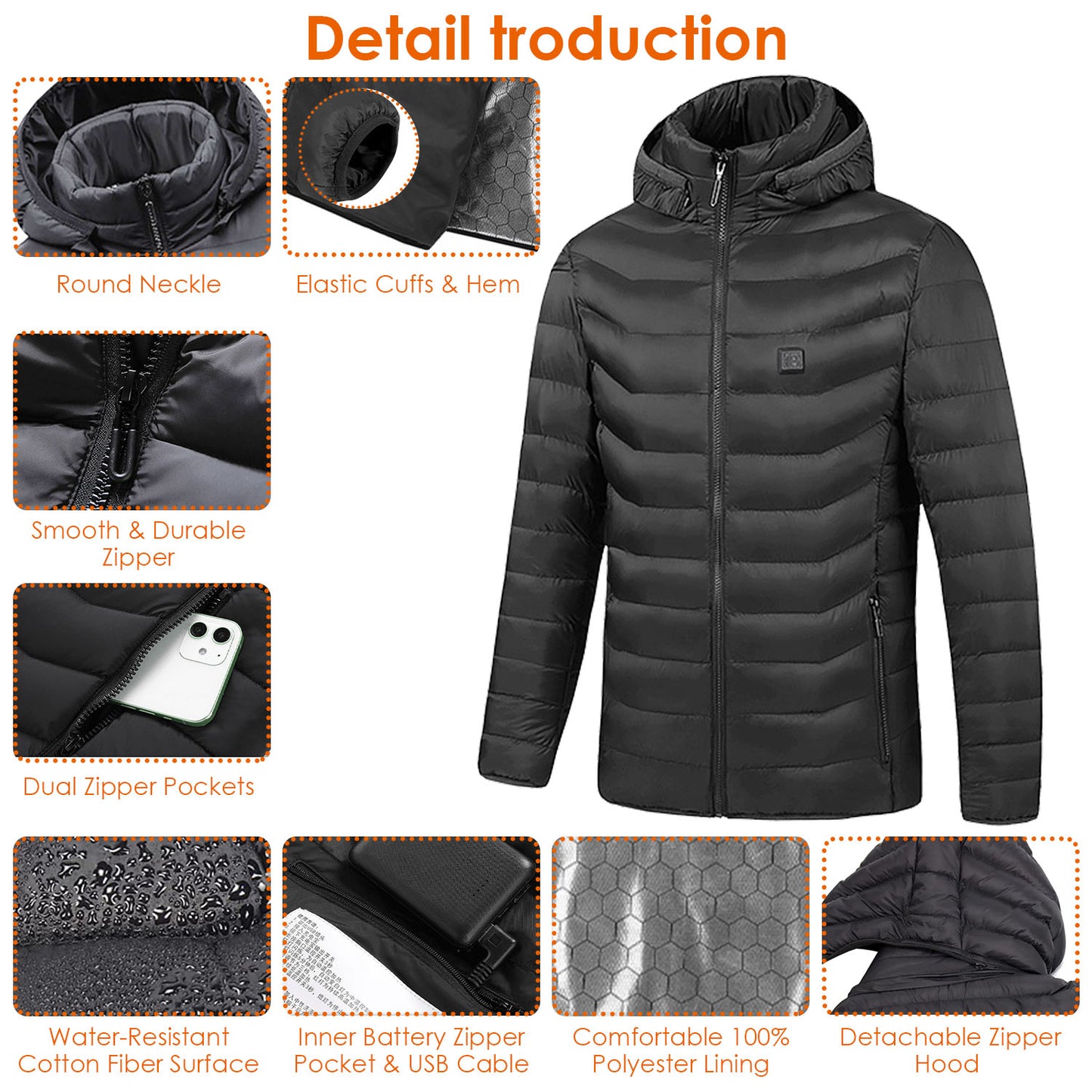 Heated Jacket Electric Heating Coat Lightweight Winter Hooded JacketÊwith 3-Level Heating Modes 8 Heating Zones Detachable Zipper Hood