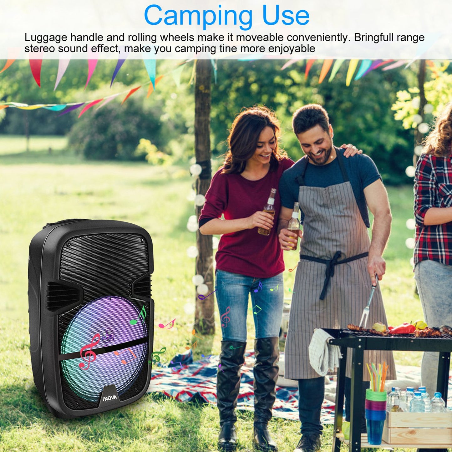 iNOVA Wireless Speaker Portable PA Karaoke System with Wired Microphone 15" Subwoofer Sound System w/ DJ Lights Remote Control