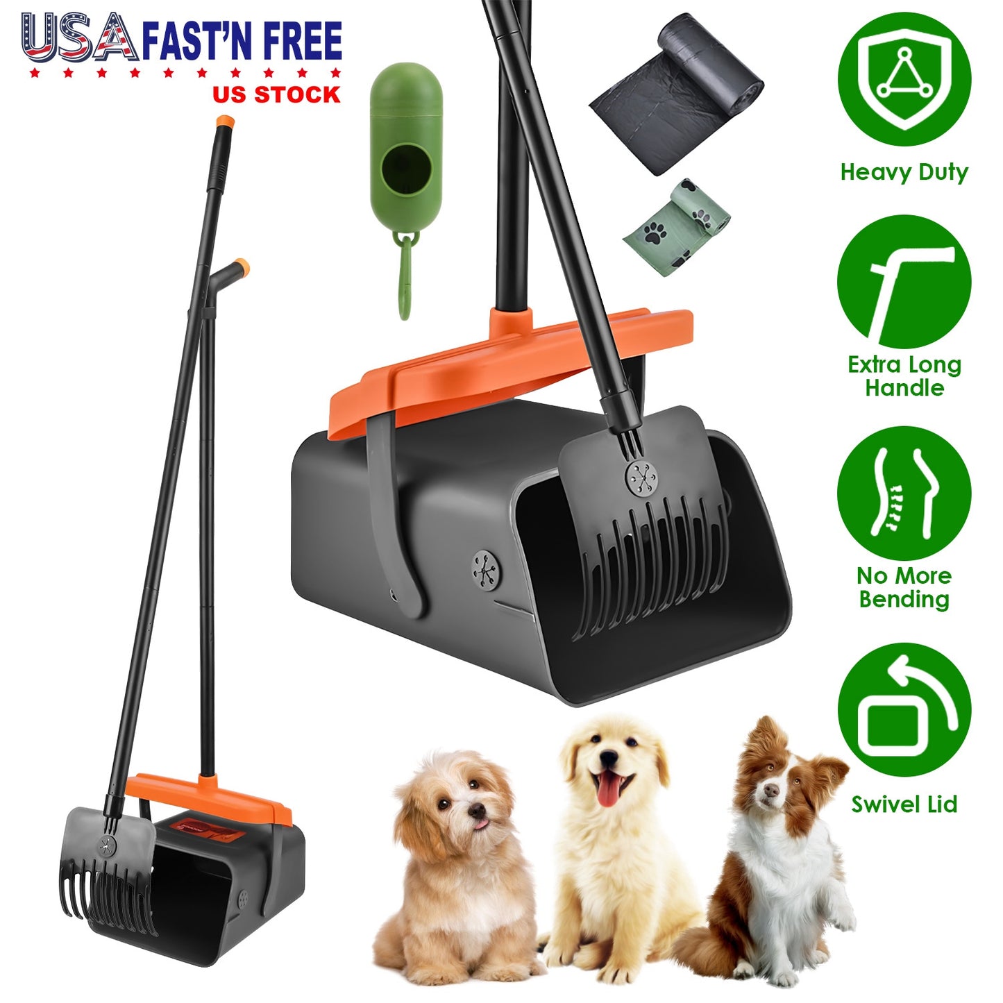 Pooper Scooper Kit Dog Poop Rake & Swiveling Bin Poop Heavy Duty Pick Up Tool with Extra Long Handle 35 Waste Bags Dispenser
