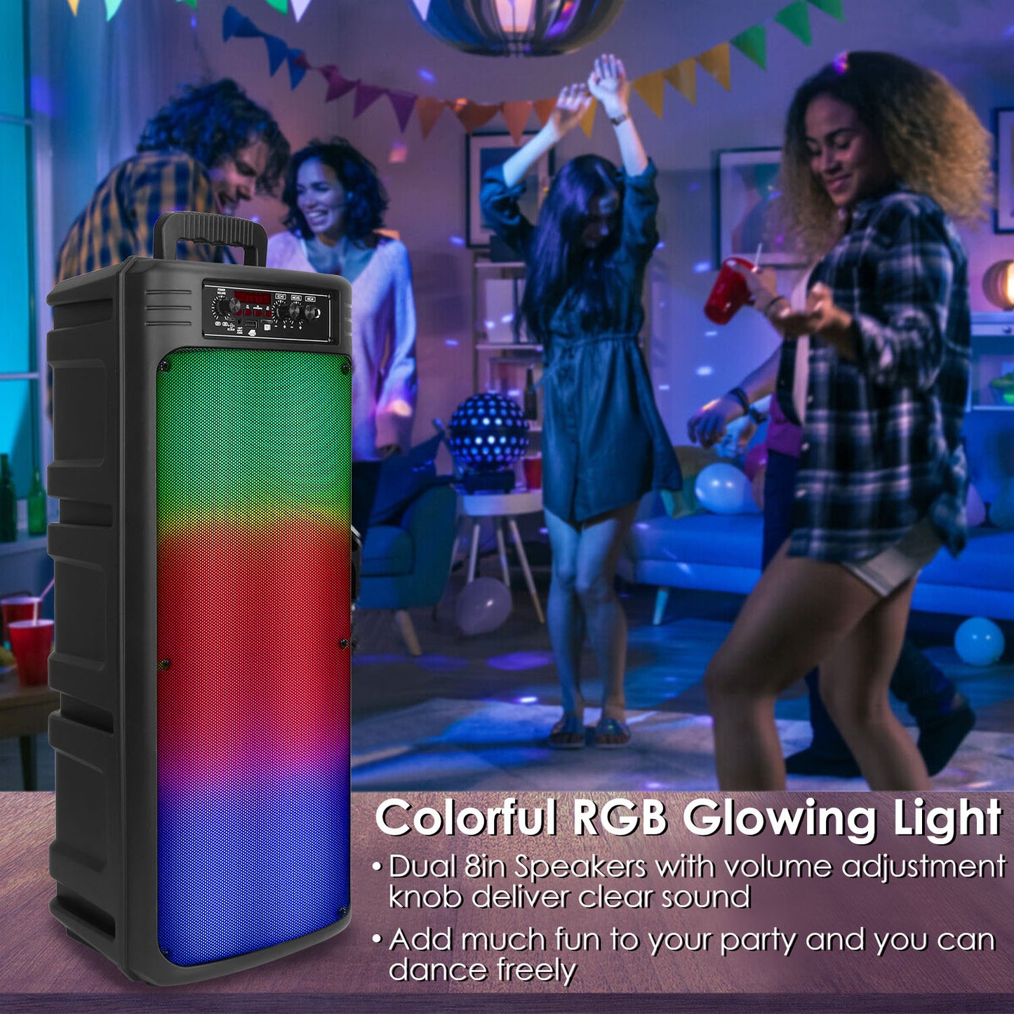 Portable Wireless Party Speaker Dual 8in Colorful Lights DJ PA System with TWS Function FM Radio USB MMC Card Reading Aux In Recording Function Wirele