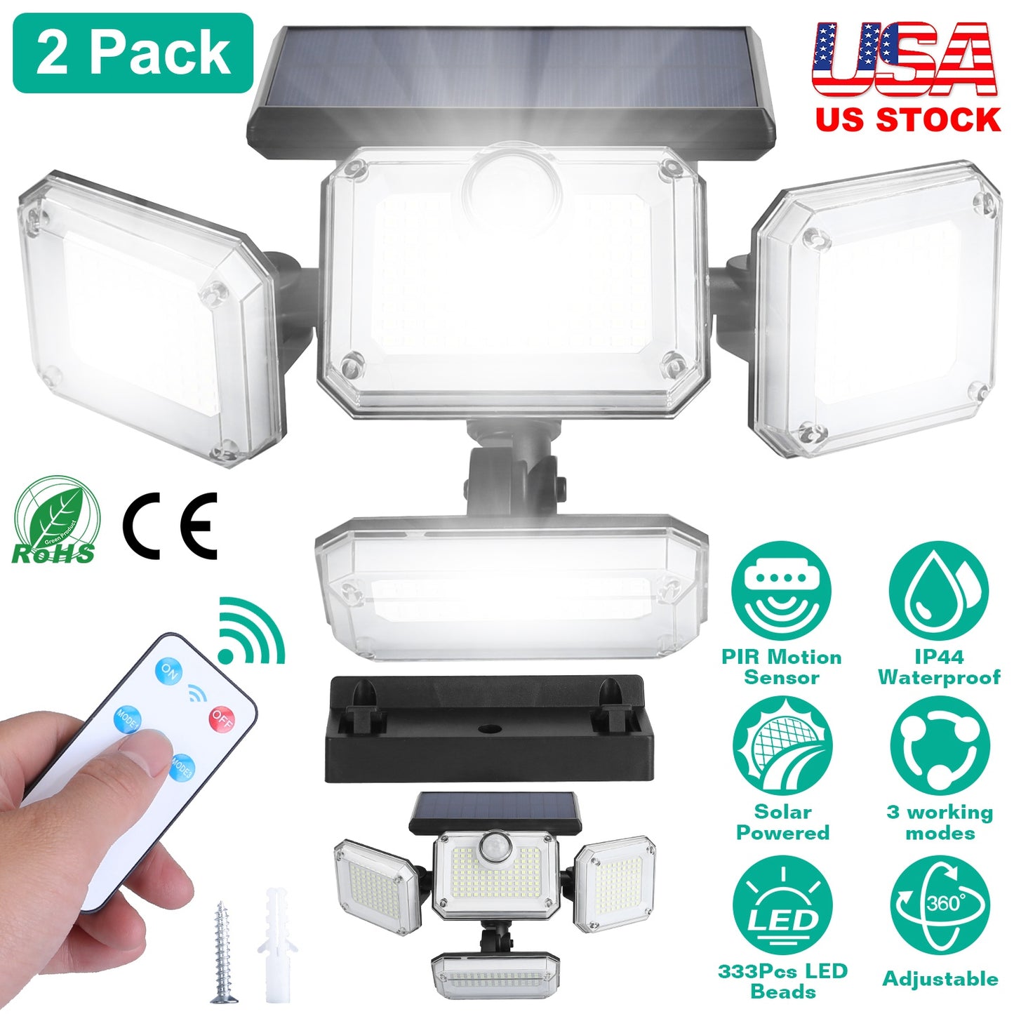 2 Pack Solar Powered Wall Lights IP44 Waterproof Motion Sensor Lights with 4 Adjustable Heads 333Pcs LED Beads 120¡ Sensing Angle Remote Control for Y