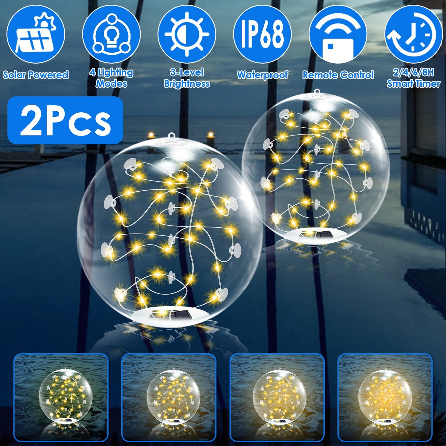 2Pcs Floating Pool Lights 14in Solar Powered Pool Balls IP68 Waterproof InflatableÊPool Decoration Lights with Remote Control 3 Light Modes Timer Adju