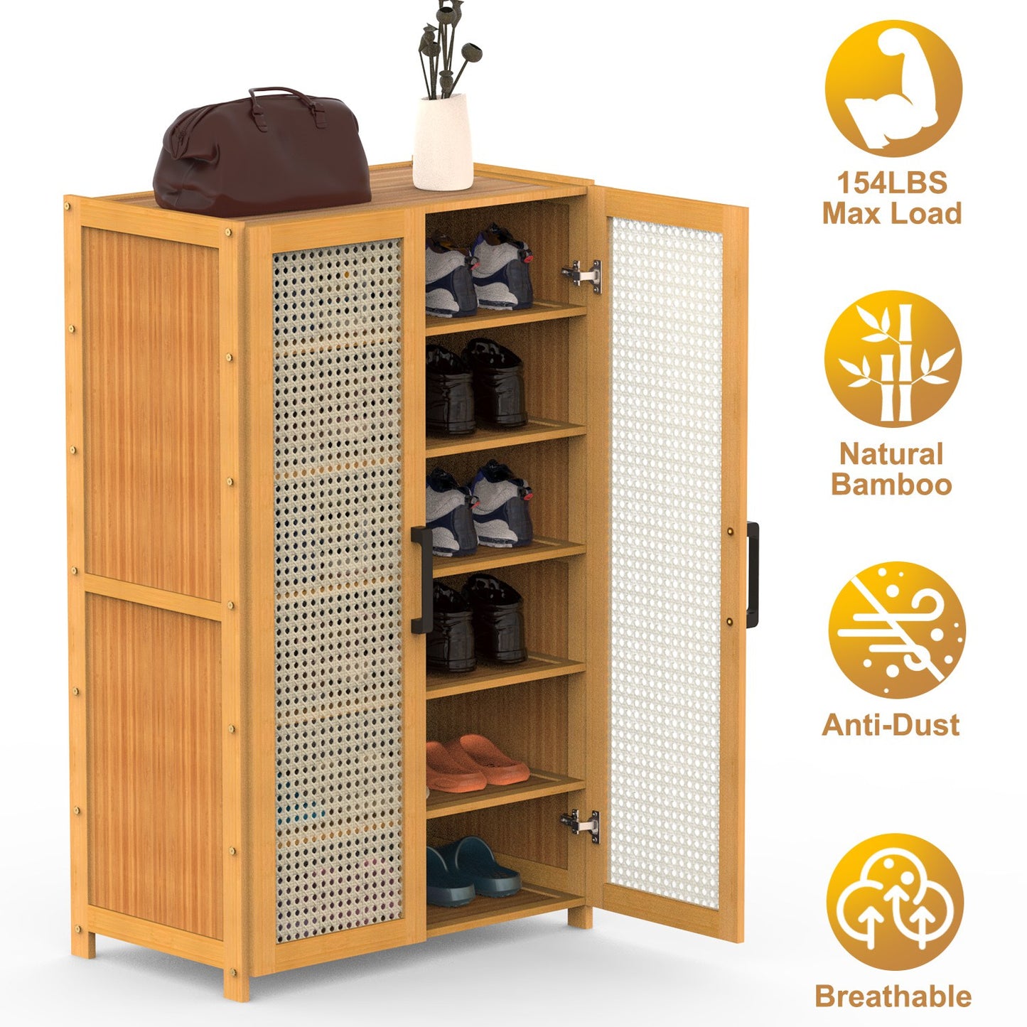 6-Tier Shoe CabinetÊwith Bamboo Shoe Rack Freestanding Shoe Organizer with 2 Hollow Doors and Handles 154lbs Max Load for Closet Hallway Living Room