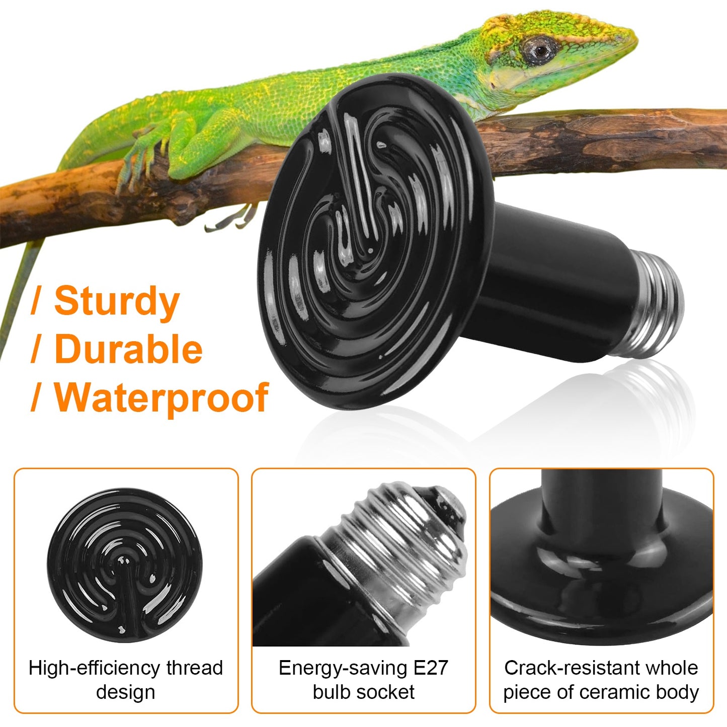 2Pcs Ceramic Heat Lamp 150W Infrared Reptile Heat Lamp No Light Emitting For Pet Brooder Incubator Reptile Lizard Turtle Snake Terrarium