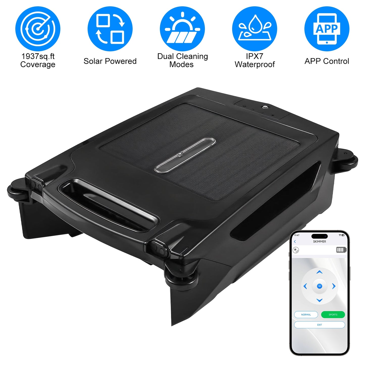 Solar PoweredÊRobotic Pool SkimmerÊAutomatic Swimming Pool Surface Cleaner with 2 Cleaning Modes Dual Charging Methods IPX7 Waterproof 1937sq.ft Cover