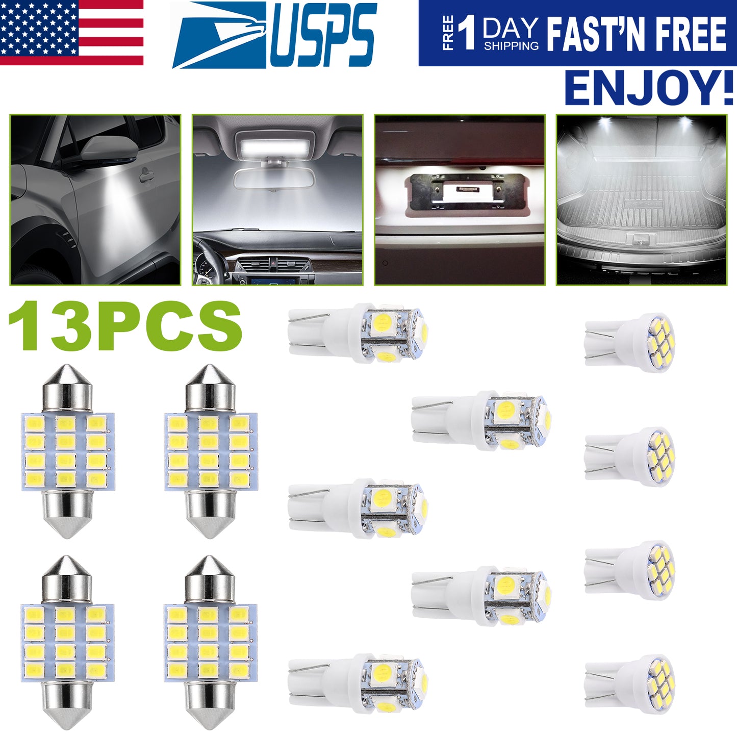 13Pcs T10 31mm Festoon LED Light Bulb Interior Dome Map LED Lights License Plate Trunk Side Positioning Lights 6000K White