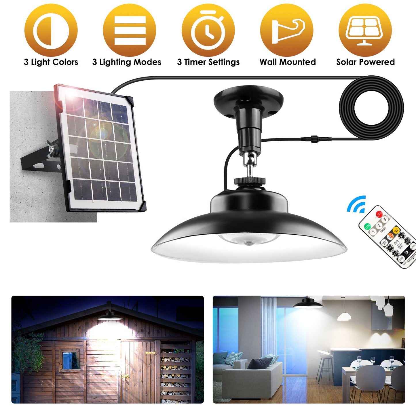 Solar Shed Light with Separate Panel Wall Mounted Solar Pendant Light Indoor Outdoor with Remote Timer 3 Modes 3 Light Colors IP 55 Waterproof for Gaz