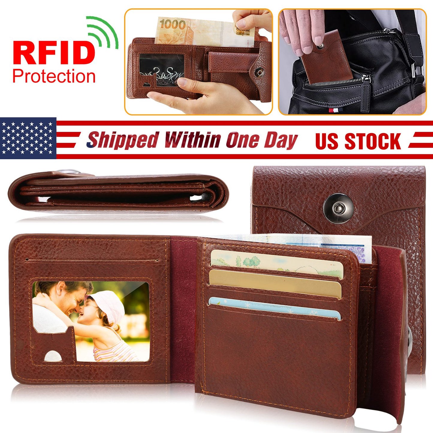 MenÕs Wallet PU Leather Bifold Purse Slim RFID Blocking Card Holder Cases w/ 2 ID Window Coin Pocket