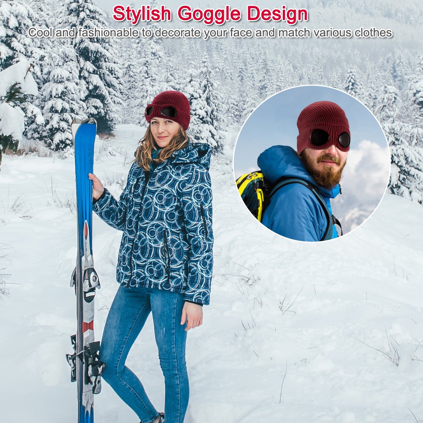 Unisex Knit Beanie Hat with Goggle Chunky Winter Warm Hat Skull Cap 4 Colors