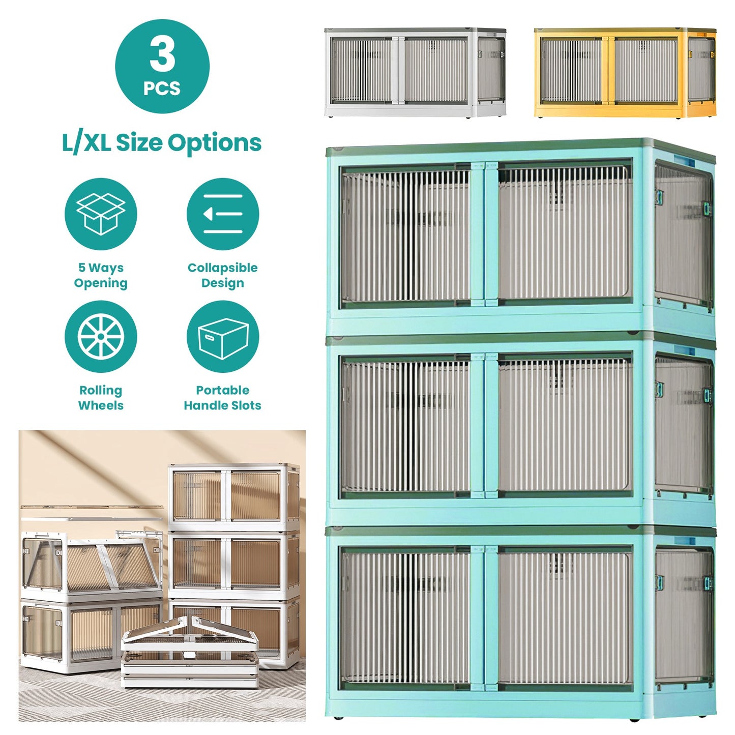 3Pcs Foldable Storage Bins with Lid 4 Doors Collapsible Stackable Closet Organizer Containers with Lock 4Pcs Wheels