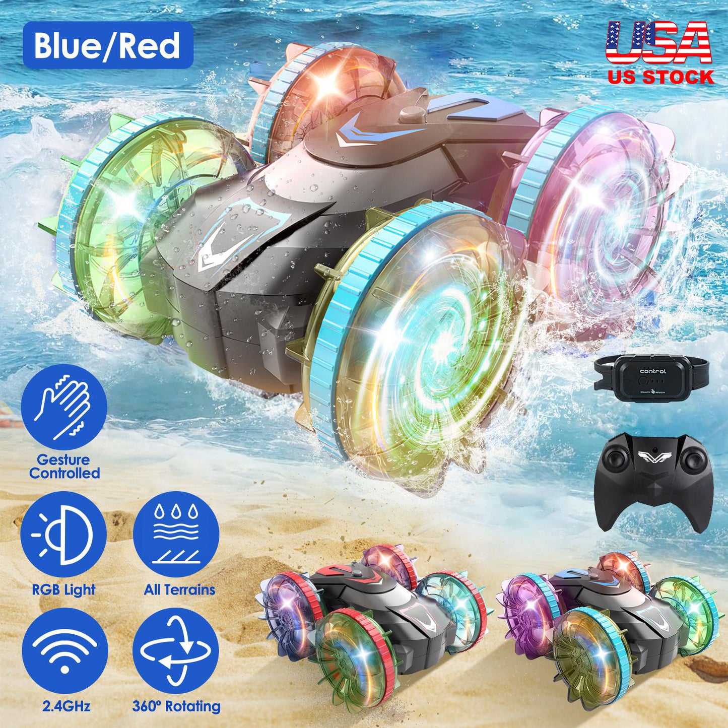 2 In 1 Amphibious RC Car Waterproof Stunt Car with Wrist Controller 4WD 360¡ Rotating Gesture Car with RGB Lights for Kids Aged 6+ Years Old Double-si