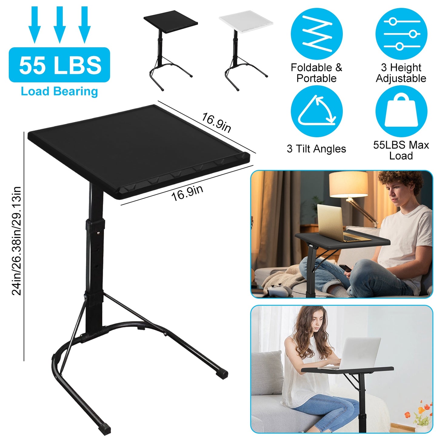 Folding Tray Table Portable Sofa TV Tray Laptop Desk C Side Adjustable Eating Dinner Coffee Table with 3 Adjustable Heights 3 Angles 55lbs Load Bearin