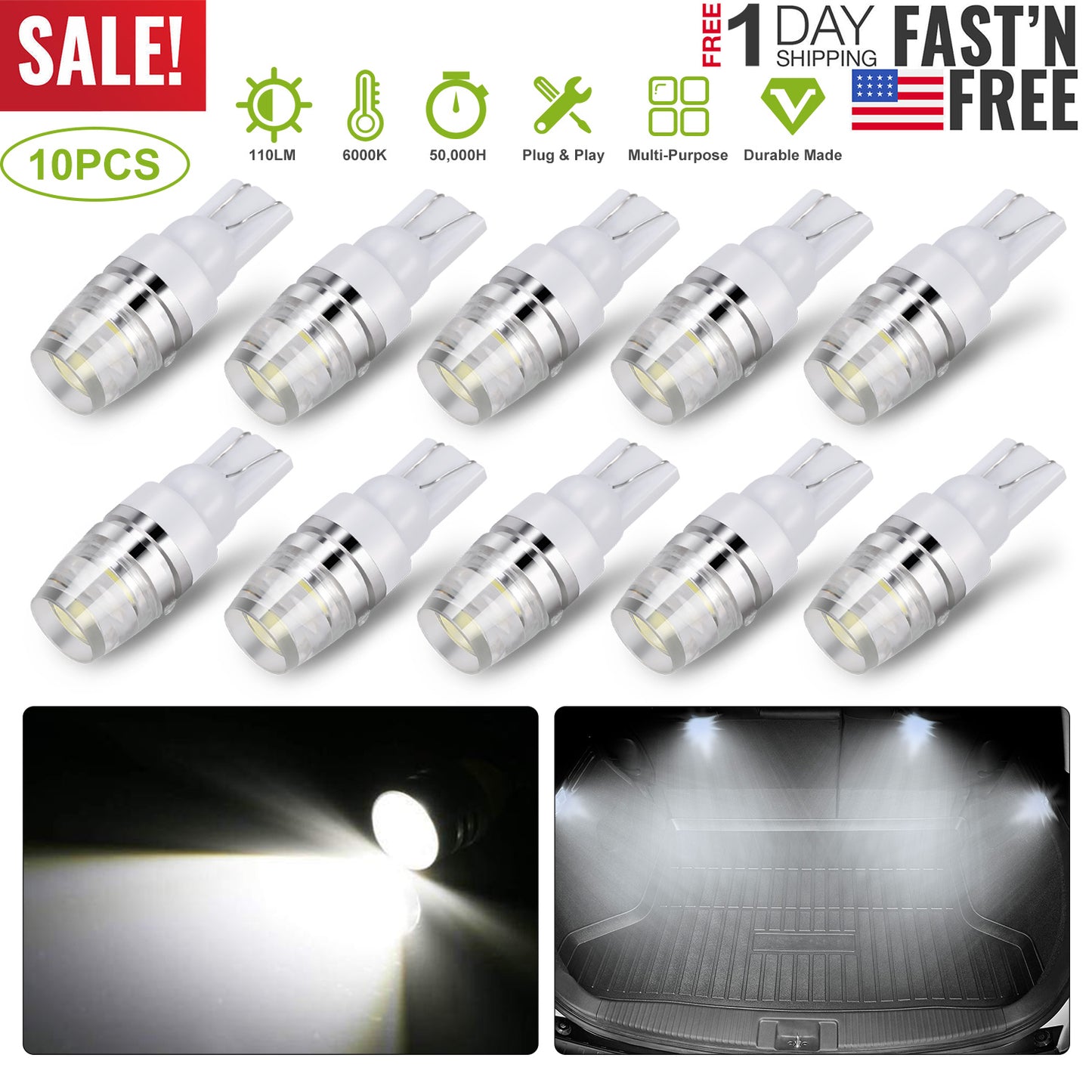 10PCS T10 LED Bulbs 194 LED Lights 12V 1W 5730 Xenon White Wedge Base LED Replacement Bulbs for License Plate Parking Position Interior Lights