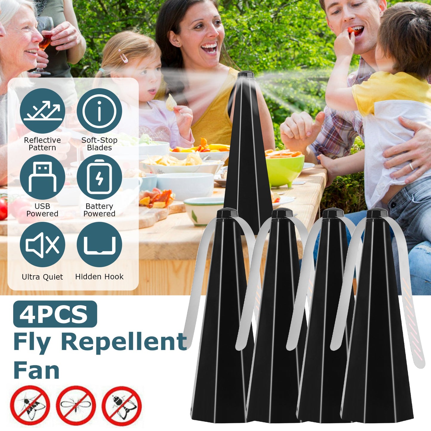 4Pack Fly Table Fans Battery USB Powered Bug Fans Food Fans Fly Table Spinners Traps with Hook for Party BBQ Picnic Camping