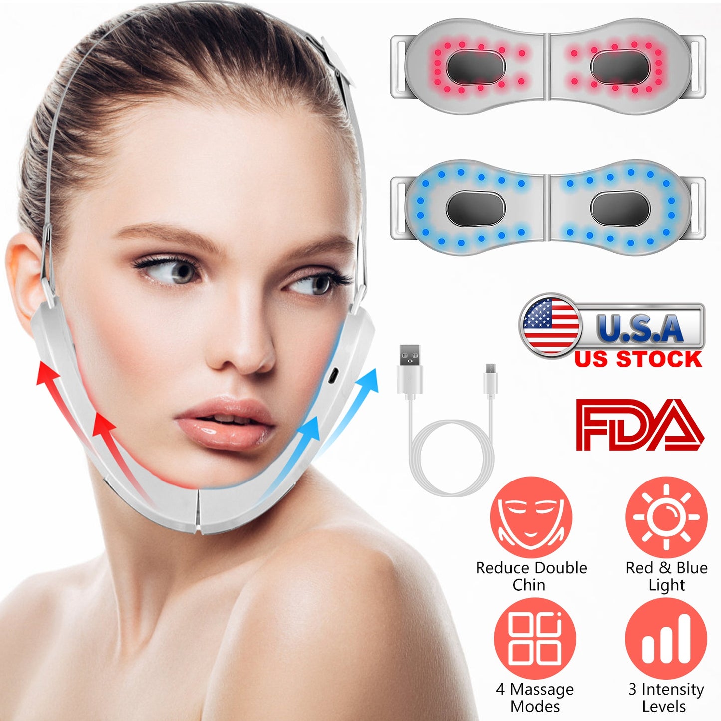 Double Chin Reducer Machine Electric Face Lift Device V Face Shaping Massager with Red Blue Light 4 Mode 3 Intensity Level Adjustable Belt