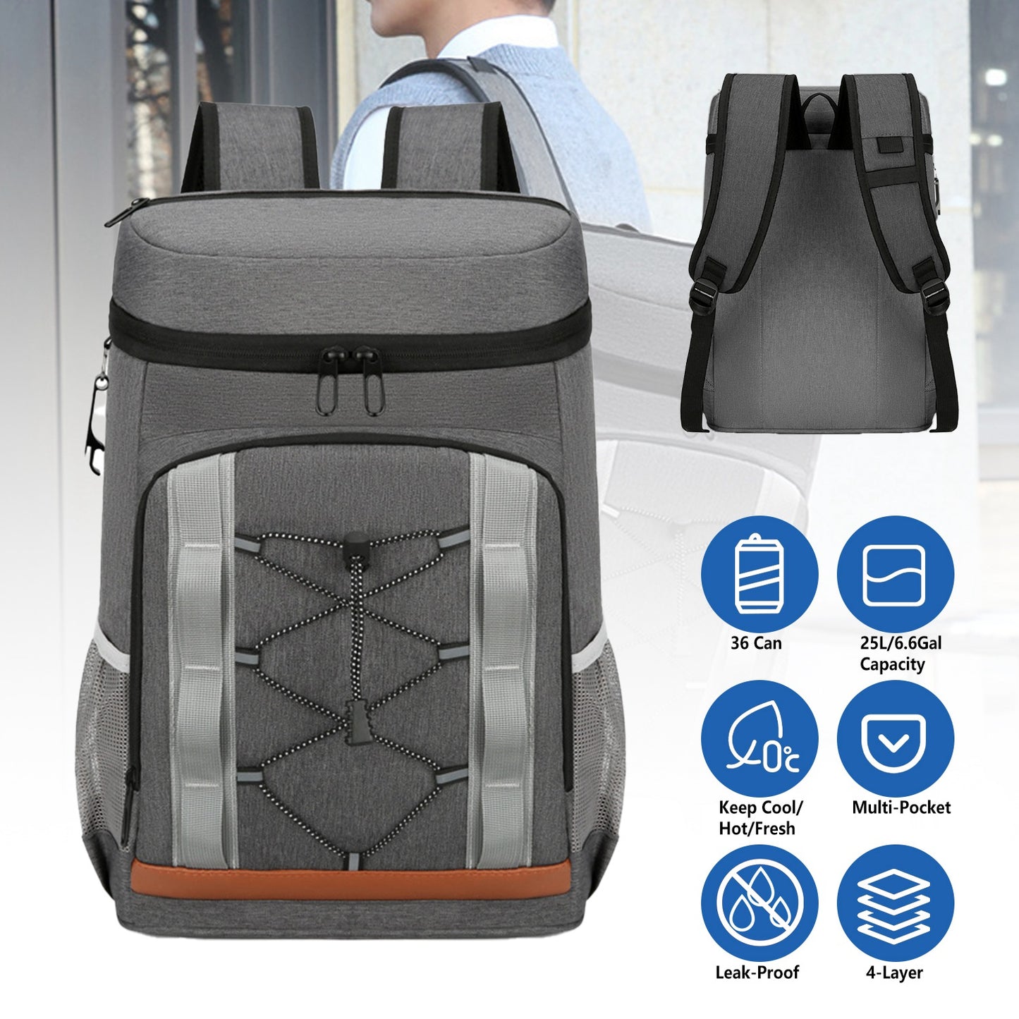 Cooler Backpack 36 Can Leakproof Insulated Cooler Backpack with 25L/6.6Gal for Picnic Camping BeachÊHiking Fishing Travel