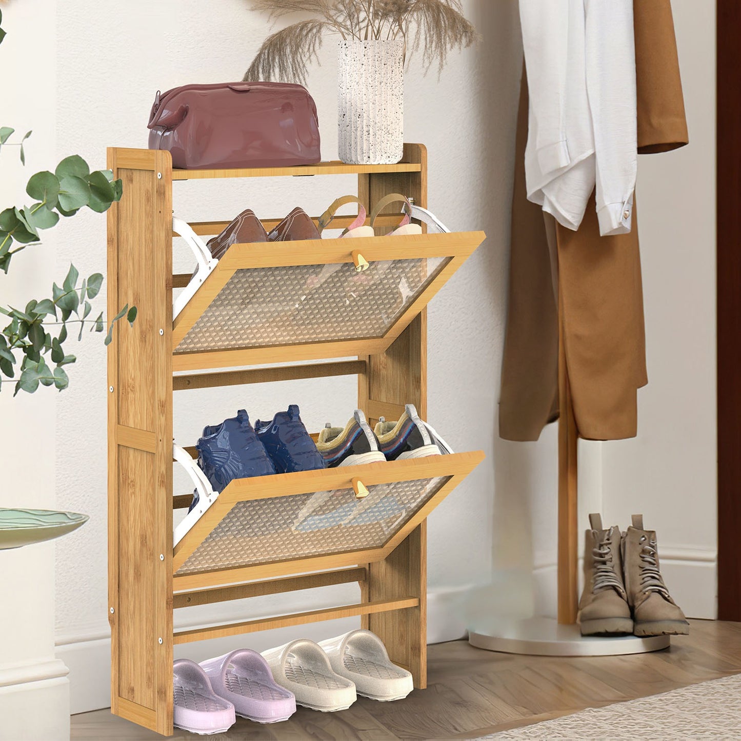 2-Tier Shoe CabinetÊwith 2 Flip Drawers Slim Bamboo Shoe Rack Freestanding Narrow Shoe Organizer with 44lbs Max Load for Entryway Hallway
