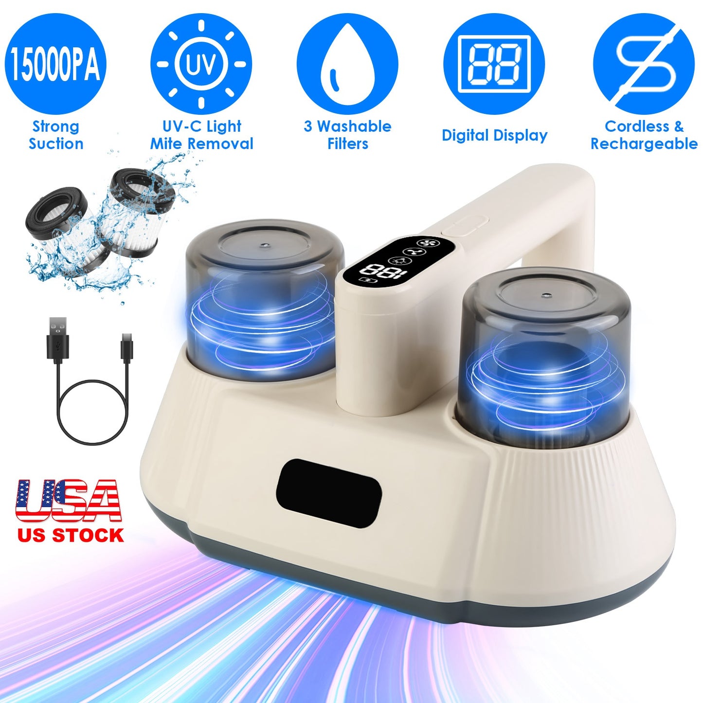 15000PA Double-Cup Bed Vacuum Cleaner with UV-C Light Cordless Mattress Vacuum Rechargeable Dust Mites Remover with 3 Washable Filters