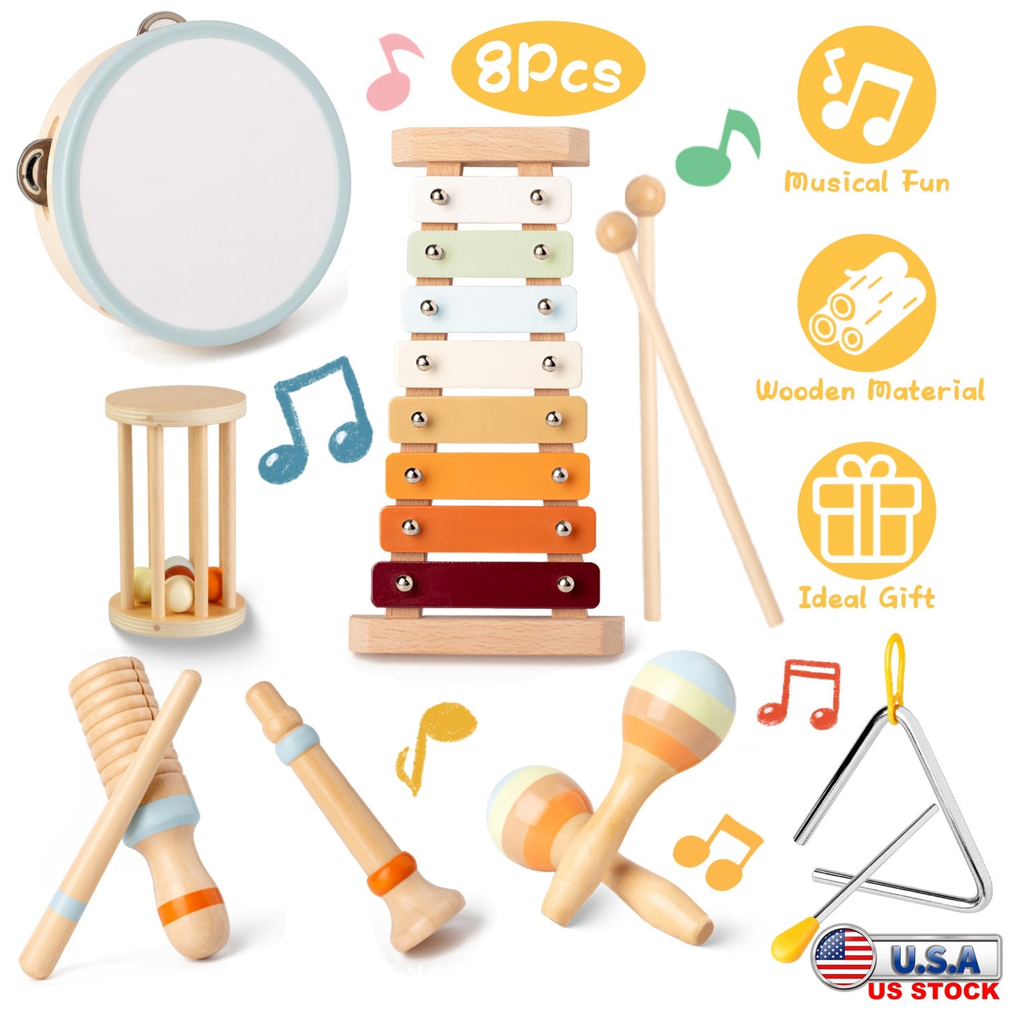 8Pcs Toddler Musical Toys Wooden Montessori Musical Instruments with Xylophone Tambourine Maracas for Boys Girls Aged 3 4 5 Years Old