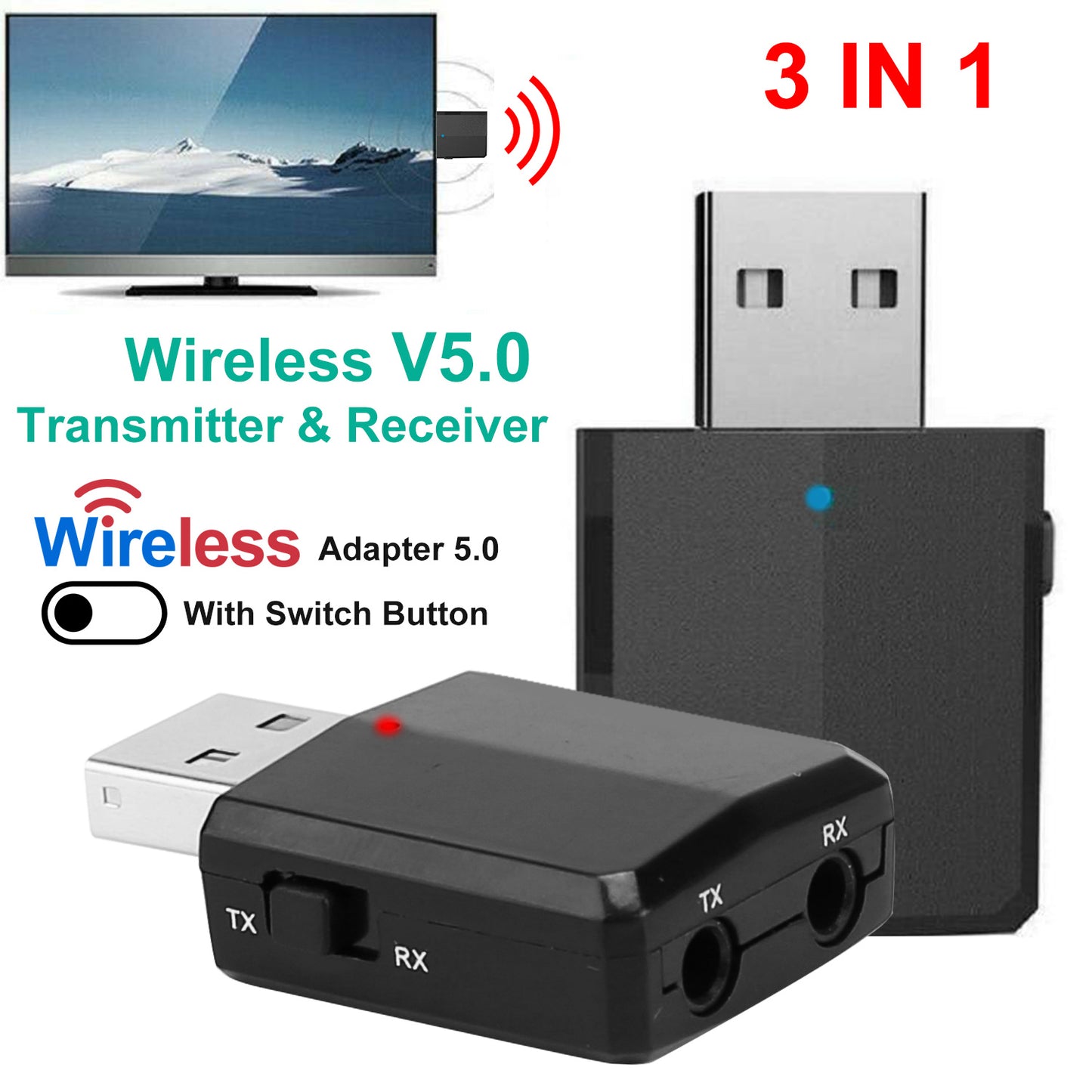 3 IN 1 Wireless V5.0 USB Audio Transmitter Receiver EDR Adapter Music Streaming For TV PC Headphones Car w/ 3.5mm Cable