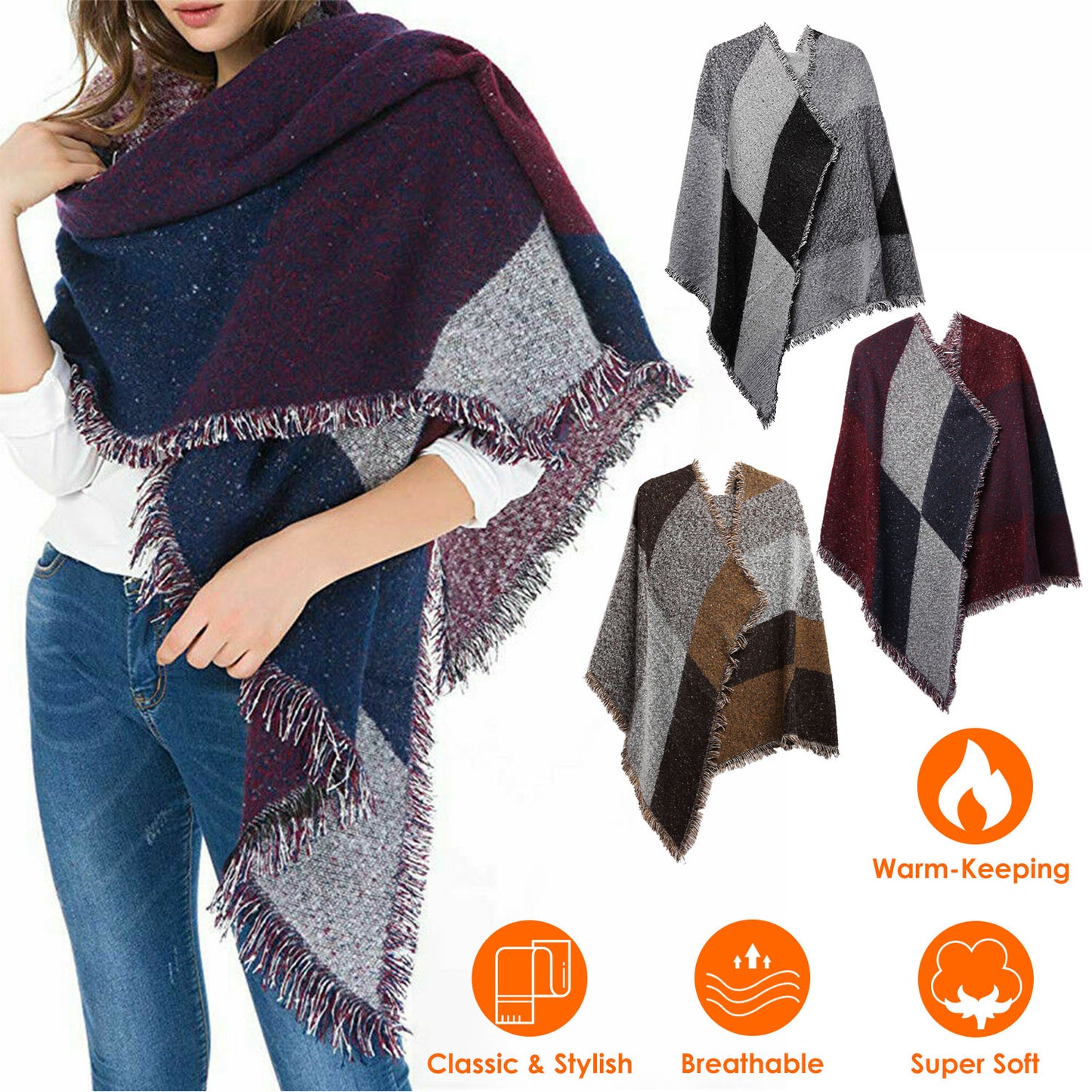 Women Winter Warm Scarf 74.8x25.6In Long Soft Knitted Shawl Extra Thick Plaid Blanket Wrap Cape