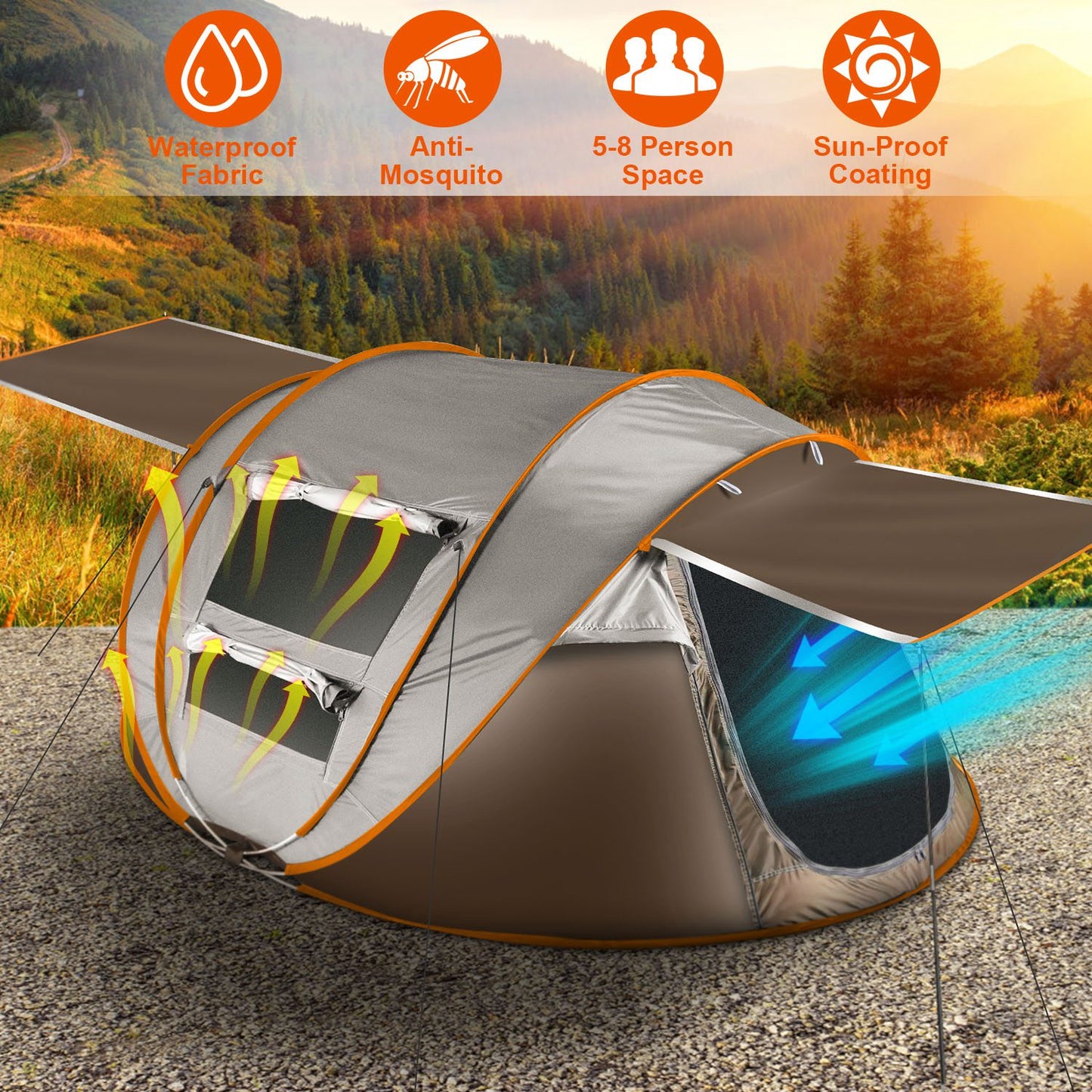 5-8 Person Pop Up Tent Automatic Setup Camping Tent Waterproof InstantÊSetup Tent with 4 Tent Poles 2 Mosquito Net Windows Carrying Bag for Hiking Cli