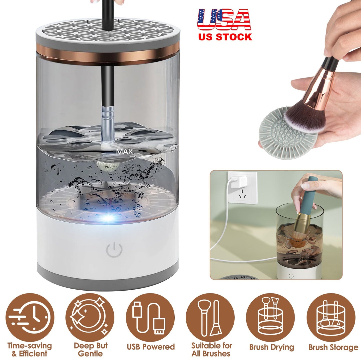 3 In 1 Makeup Brush Blender Cleaner Automatic Makeup Brush Cleaner Machine USB Powered Brush Drying Storage Suitable For All Types of Brushes