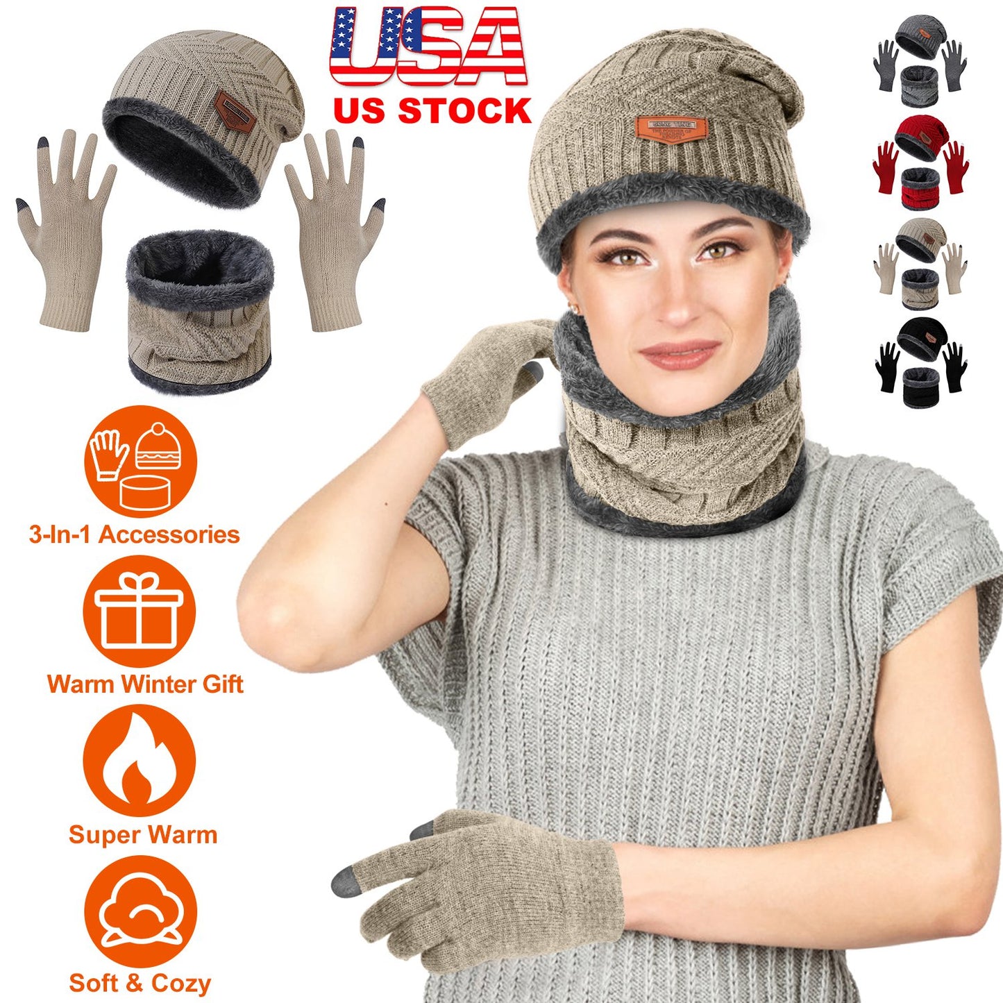 Winter Knitted Hat Scarf Gloves 3Pcs Winter Warm Beanie and Touch Screen Gloves Scarf Set Knit Beanie Skull Cap Neck Warmer Mittens for Men Women