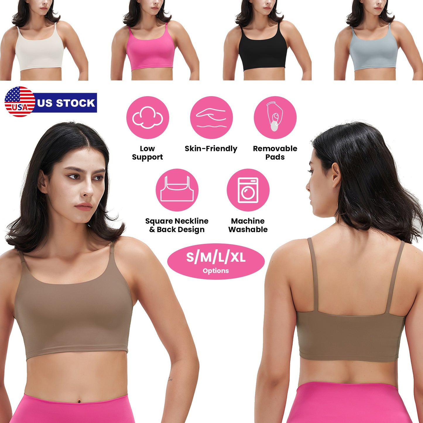 Women Strap Sport Bras Padded StrappyÊCrop Square Neck Low Impact Bras SexyÊFitnessÊTank Tops with Removable Pads Flat Straps for Gym Yoga Workout Run