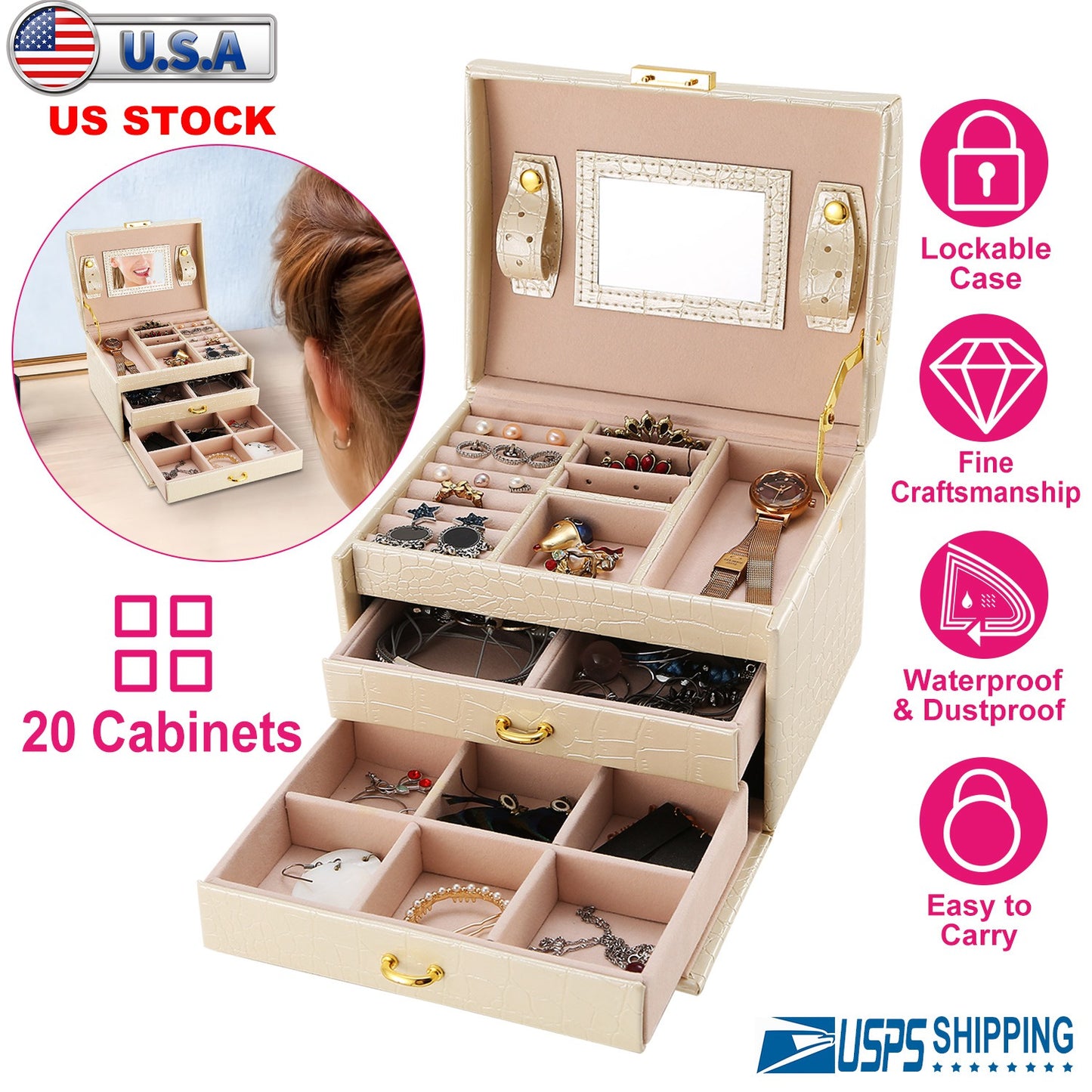 Jewelry Case Organizer 3-layer Lockable Travel Jewelry Box PU Leather Storage Display Case with Mirror Protective for Bracelets Earrings Rings Necklac
