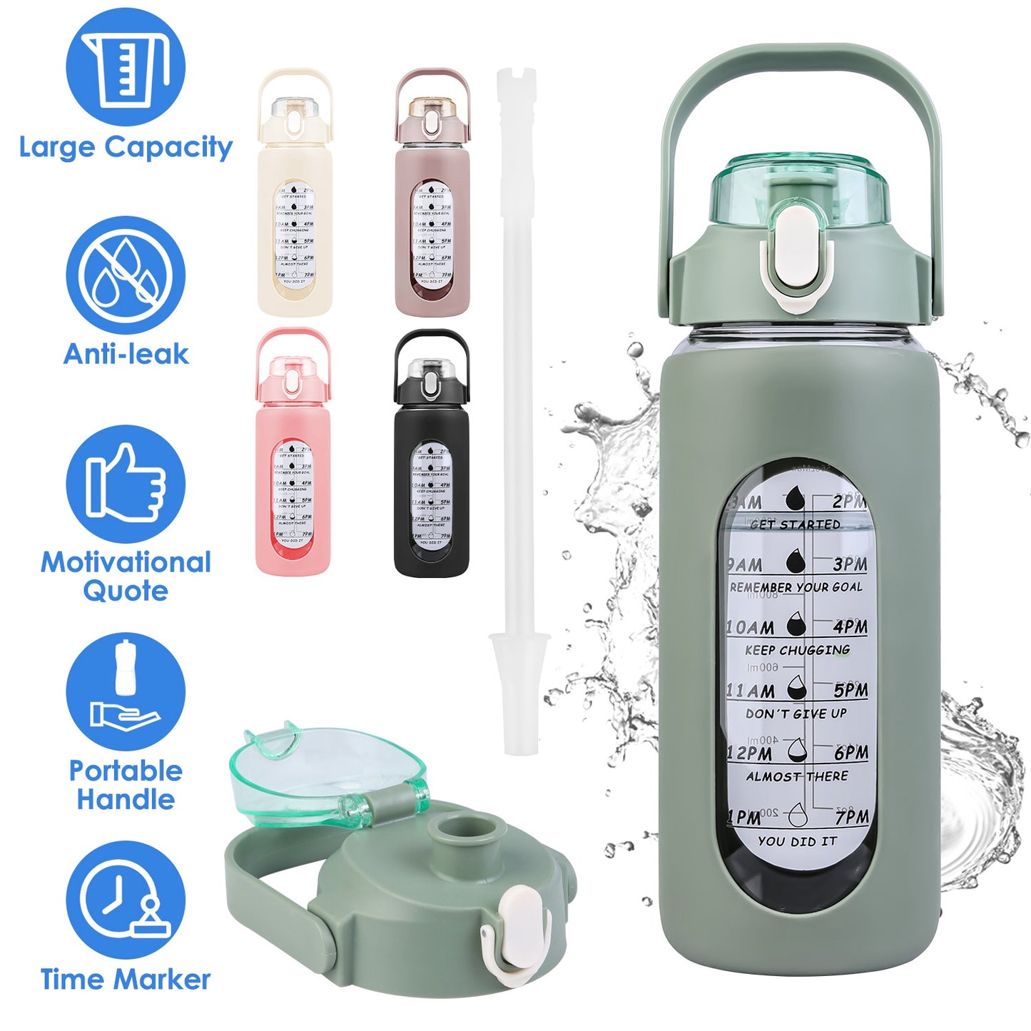 64Oz Glass Water Bottle Sports Water Bottle Motivational Water Bottle Water Intake Tracker Bottle with Straw Time Marker Silicone Sleeve Handle for Gy